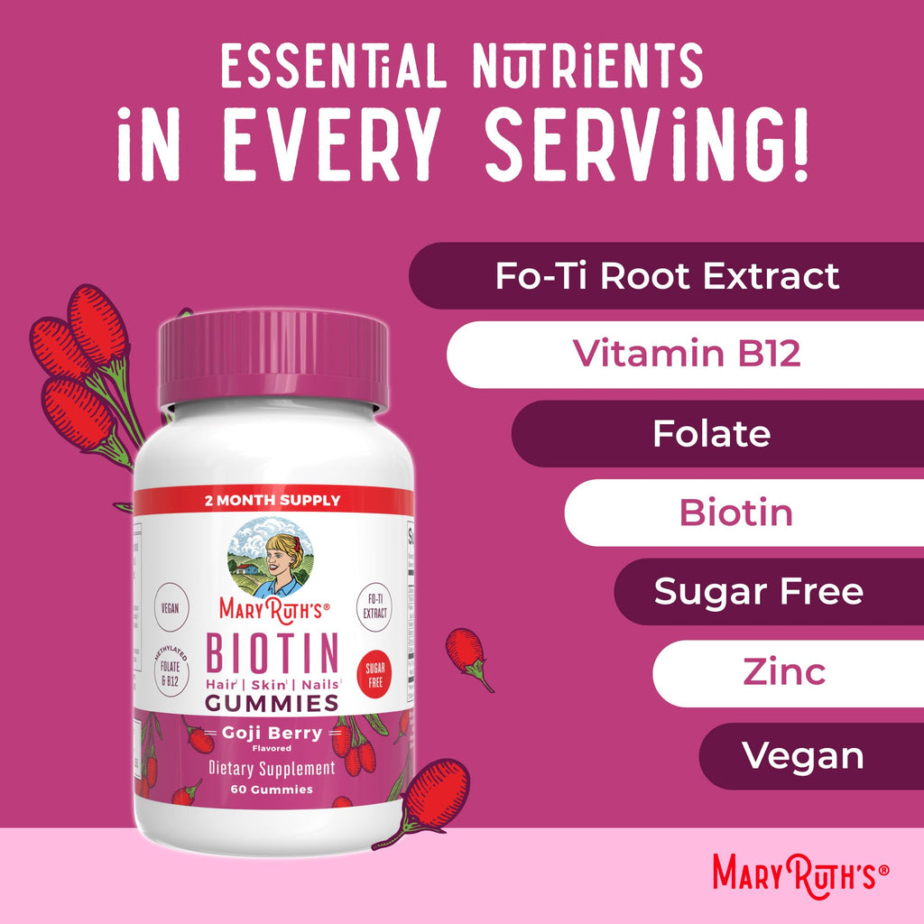 MARYRUTH'S Biotin Gummies, Hair Growth, Vegan, Sugar Free, Non-GMO, 60 Ct