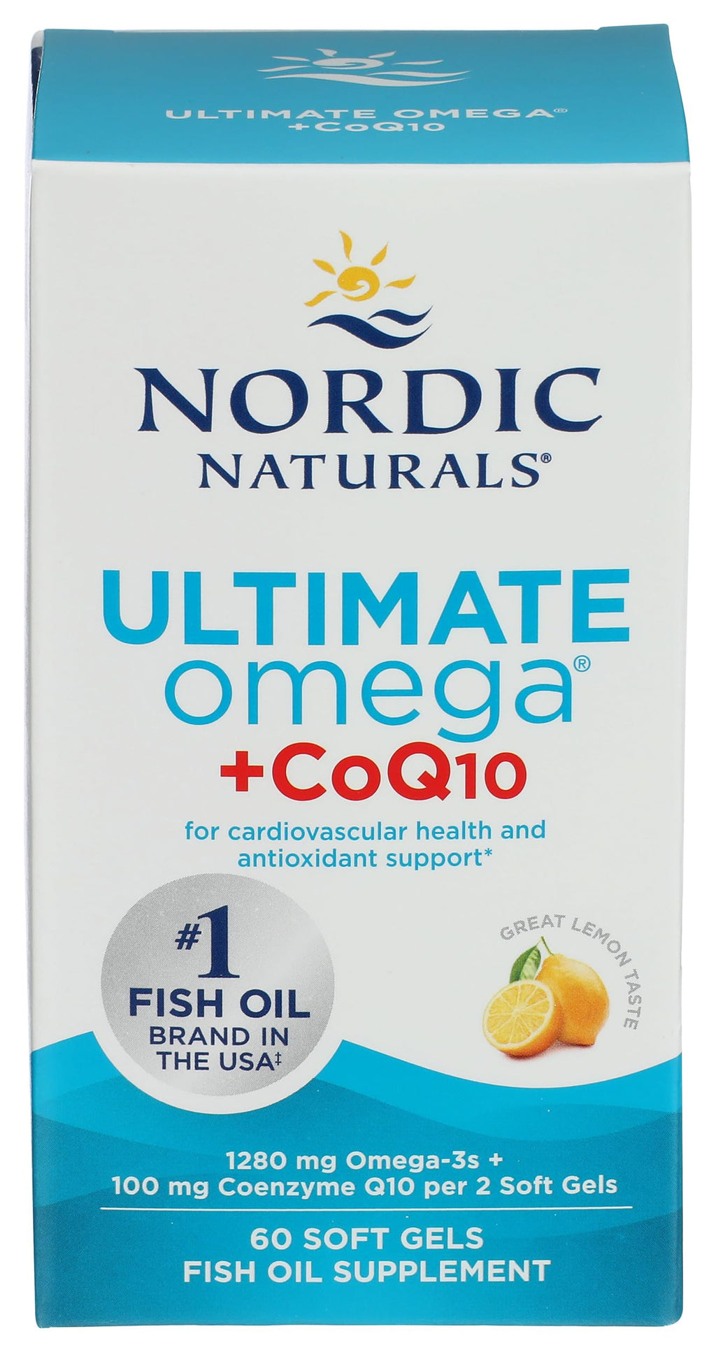 Nordic Naturals Ultimate Omega + CoQ10, Lemon - 60 Soft Gels - 1280 mg Omega-3 + 100 mg CoQ10 - Heart Health, Cellular Energy, Antioxidant Support - Non-GMO - 30 Servings