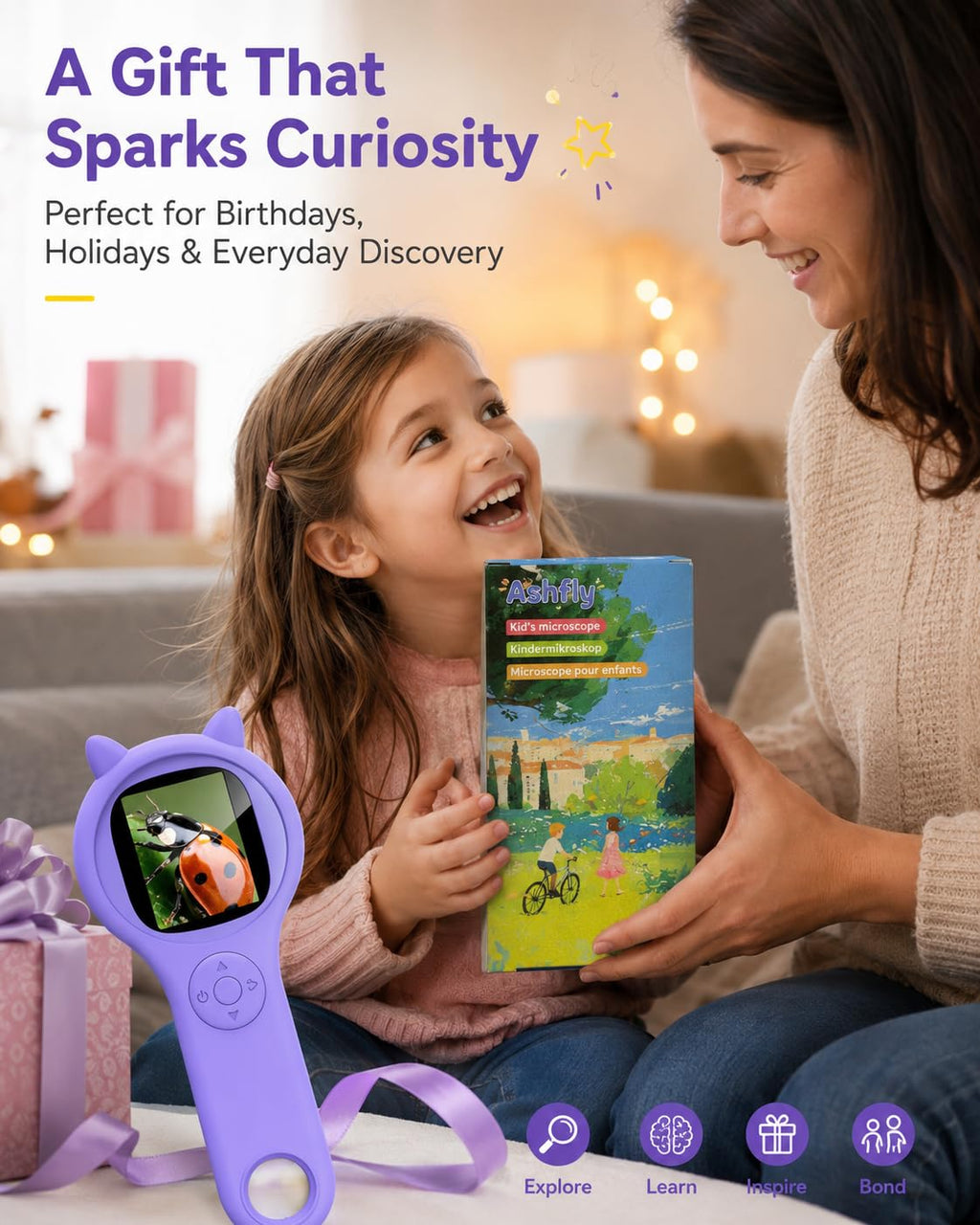 Ashfly Kids Microscope, 500X Digital Magnifying Glass, STEM Toy, Purple