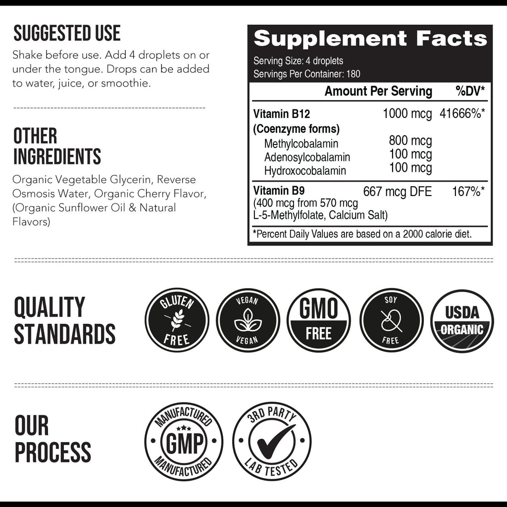 BioActive Vitamin B12 1000 mcg | Contains 3 BioActive Forms B12 Plus Methylfolate Cofactor - Methyl B12, Adenosyl B12 & Hydroxy B12 | Sublingual Form, Cherry Flavor, Organic, Vegan (180 Servings)