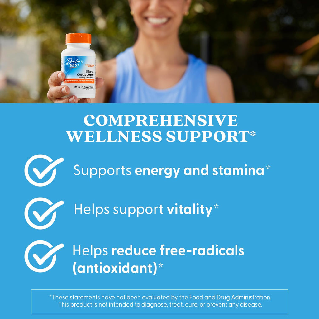Doctor's Best Ultra Cordyceps Supplement - Cordyceps Mushroom Capsules for Men & Women, Supports Immune Health, Energy & Stamina, 750 mg Per Serving, Vegan - 60 Veg Caps