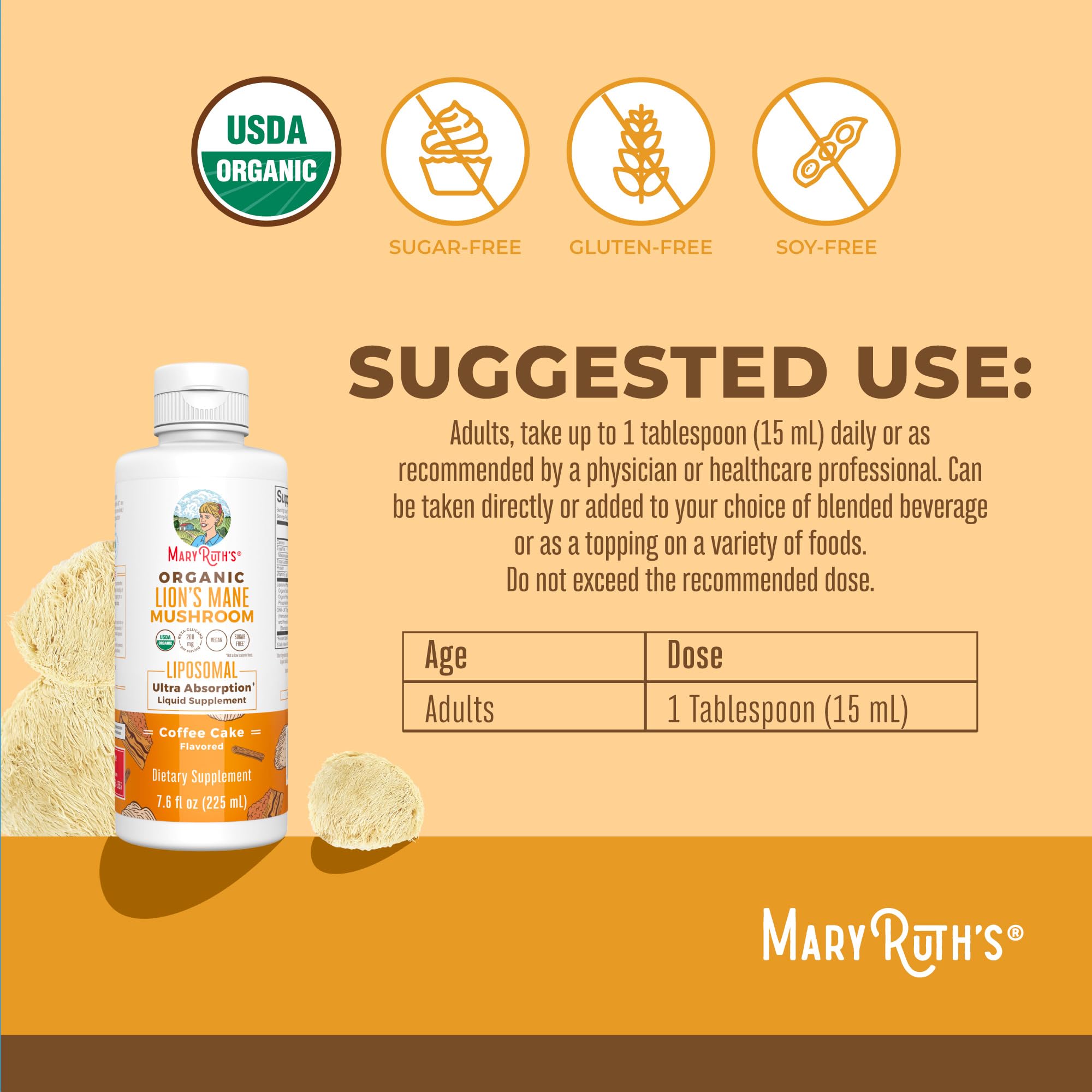 MaryRuth's USDA Organic Lions Mane Supplement, Vegan, 15 Servings