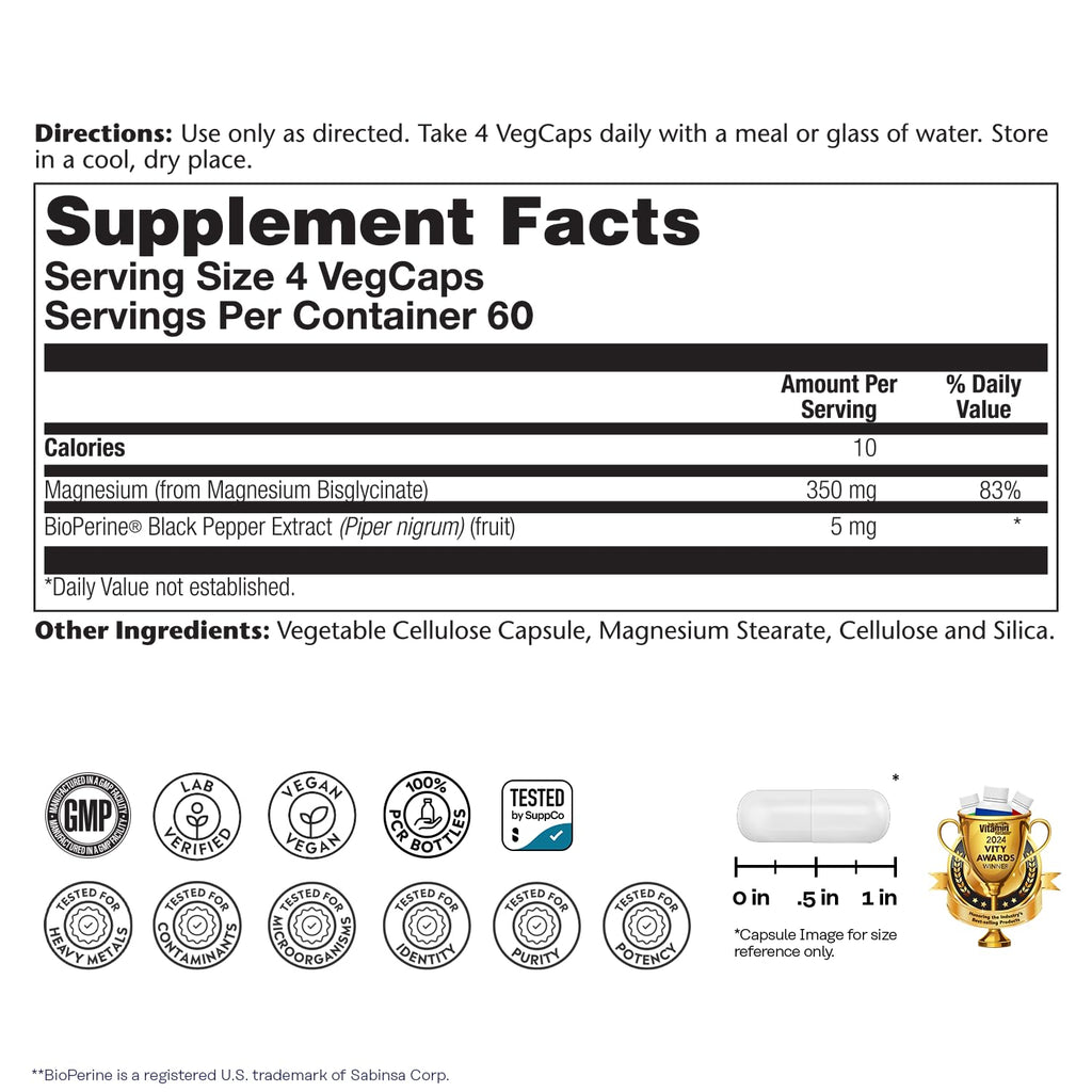 Solaray Magnesium Glycinate, New & Improved Fully Chelated Bisglycinate with BioPerine, High Absorption Formula, Stress, Bones, Muscle & Relaxation Support, 60 Day Guarantee, 60 Servings, 240 VegCaps