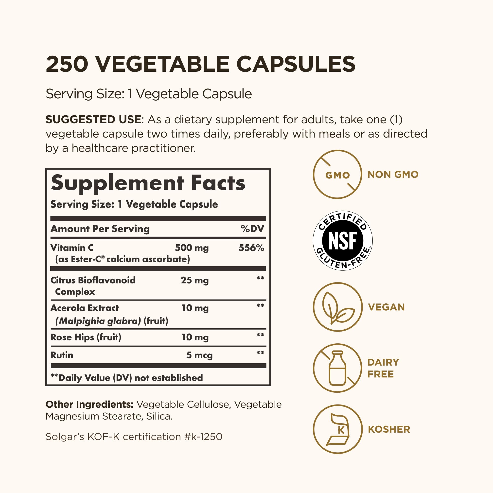 Solgar Ester-C Plus 500 mg Vitamin C (Ascorbate Complex), 250 Vegetable Capsules - Gentle & Non Acidic - Antioxidant & Immune Support - Non GMO, Vegan, Gluten Free, Kosher - 250 Servings