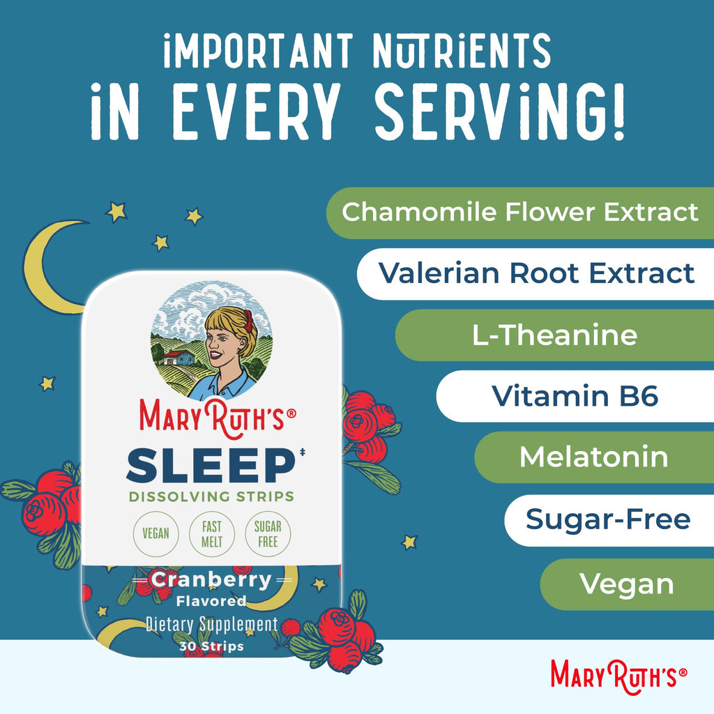 Sleep Dissolving Strips by MaryRuth's | L Theanine | Chamomile Flower | Melatonin 5mg | Valerian Root | Vitamin B6 | Sugar Free | Cranberry Flavor | Vegan | Gluten Free | Dairy Free | 30 Count