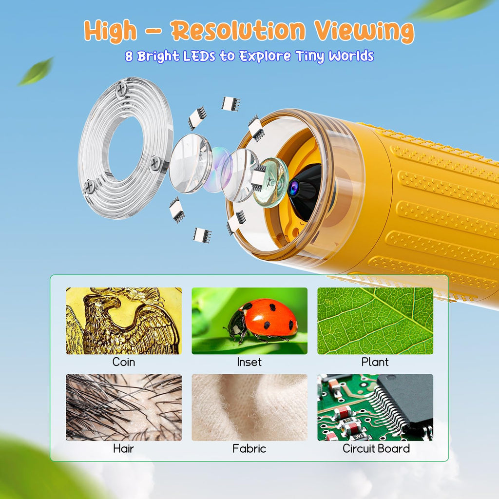 SKYBASIC Digital Microscope for Kids, 2" Screen 1000X Handheld Microscope HD Pocket Portable Microscopes Camera, Science Edu Fun Birthday Gifts Toys for Ages 4-12 Children Students Boys Girls -Yellow