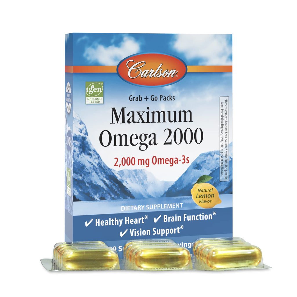 Carlson Maximum Omega 2000 Grab + Go Packs, Wild-Caught, 30 Softgel Pack