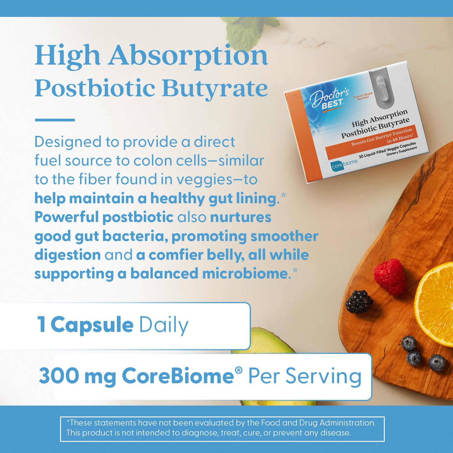 Doctor's Best High Absorption Postbiotic Butyrate Gut Health Supplement - Tributyrin 90% (as CoreBiome) 300 mg, Digestive Health Support for Men & Women, Vegan, Gluten Free - 30 Liquid Veggie Caps
