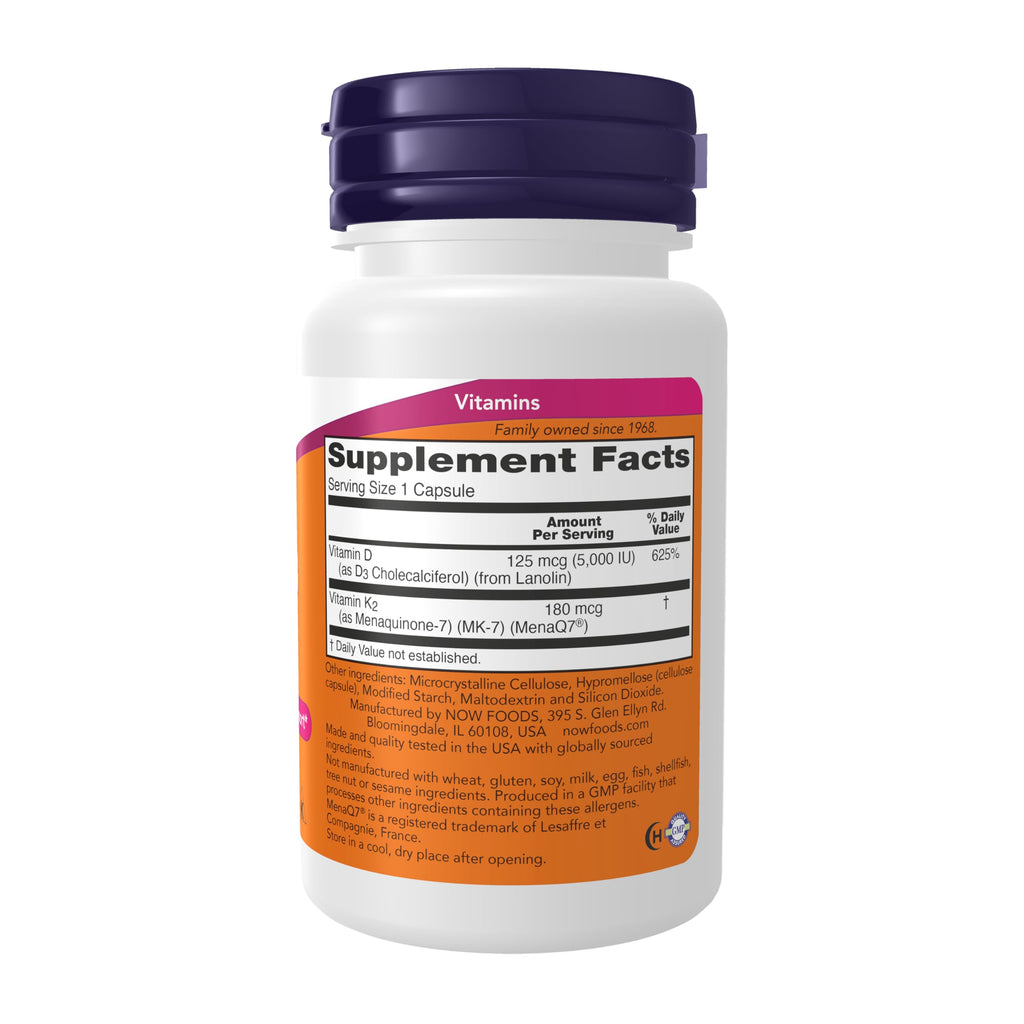 NOW Supplements, Mega D-3 & MK-7 with Vitamins D-3 & K-2, 60 Veg Caps