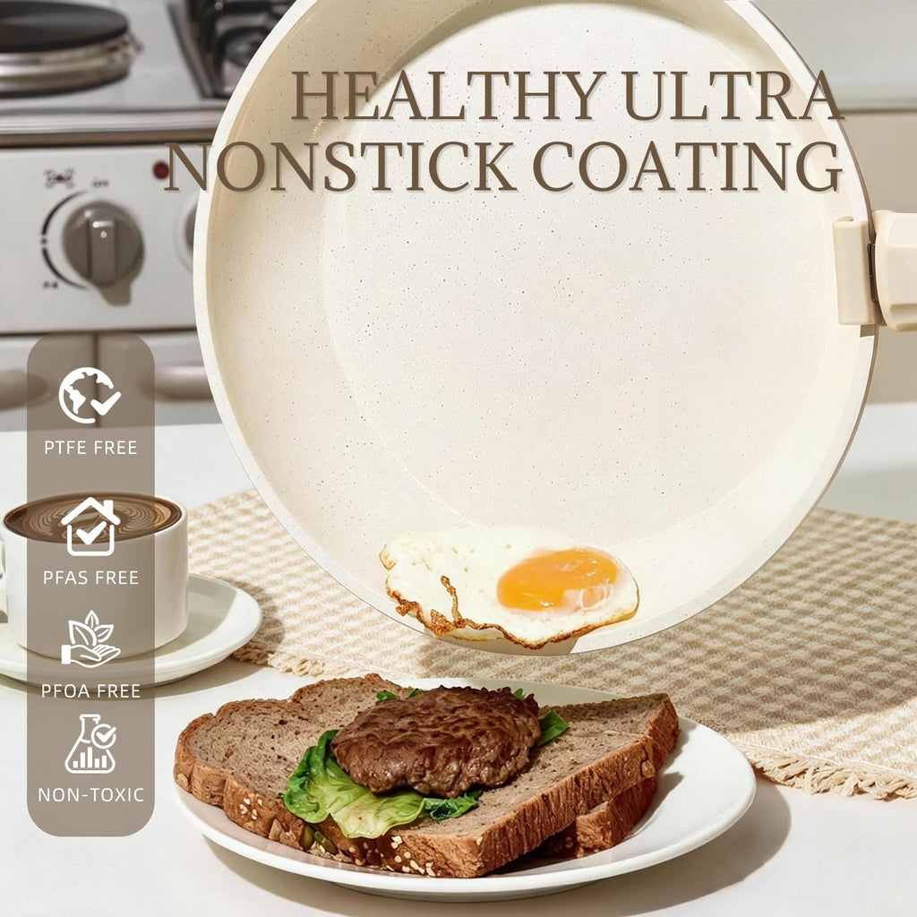 Ceramic Cookware Set Non Stick 8Pcs Pots and Pans Set Detachable Handle Induction Kitchen Cooking Set with Frying Pans Oven Dishwasher Safe, PFAS/PFOA Free, Cream White