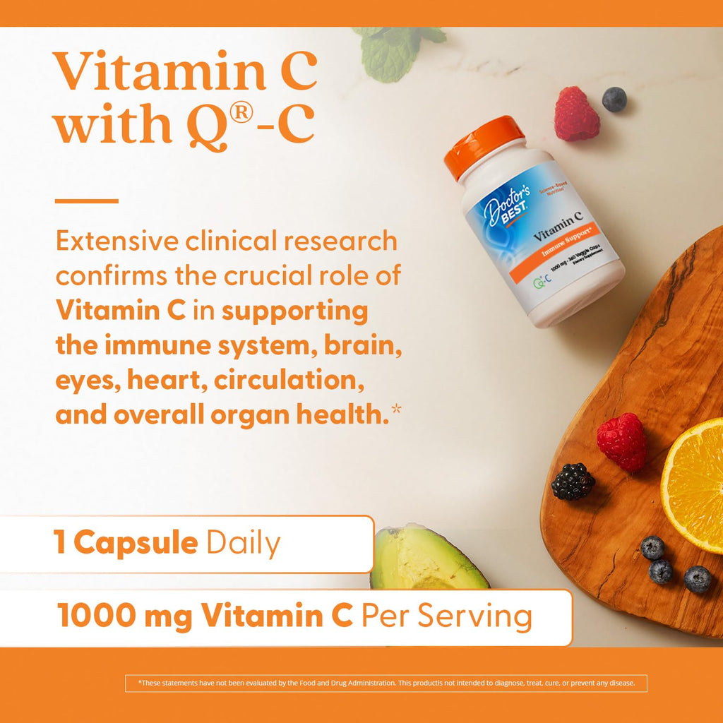 Doctor's Best Vitamin C 1000mg Supplement for Men & Women - Vegan Vitamin C Capsules as Q-C Ascorbic Acid, Immune Health Support for Adults, Non GMO, Gluten Free, Soy Free - 360 Veg Caps