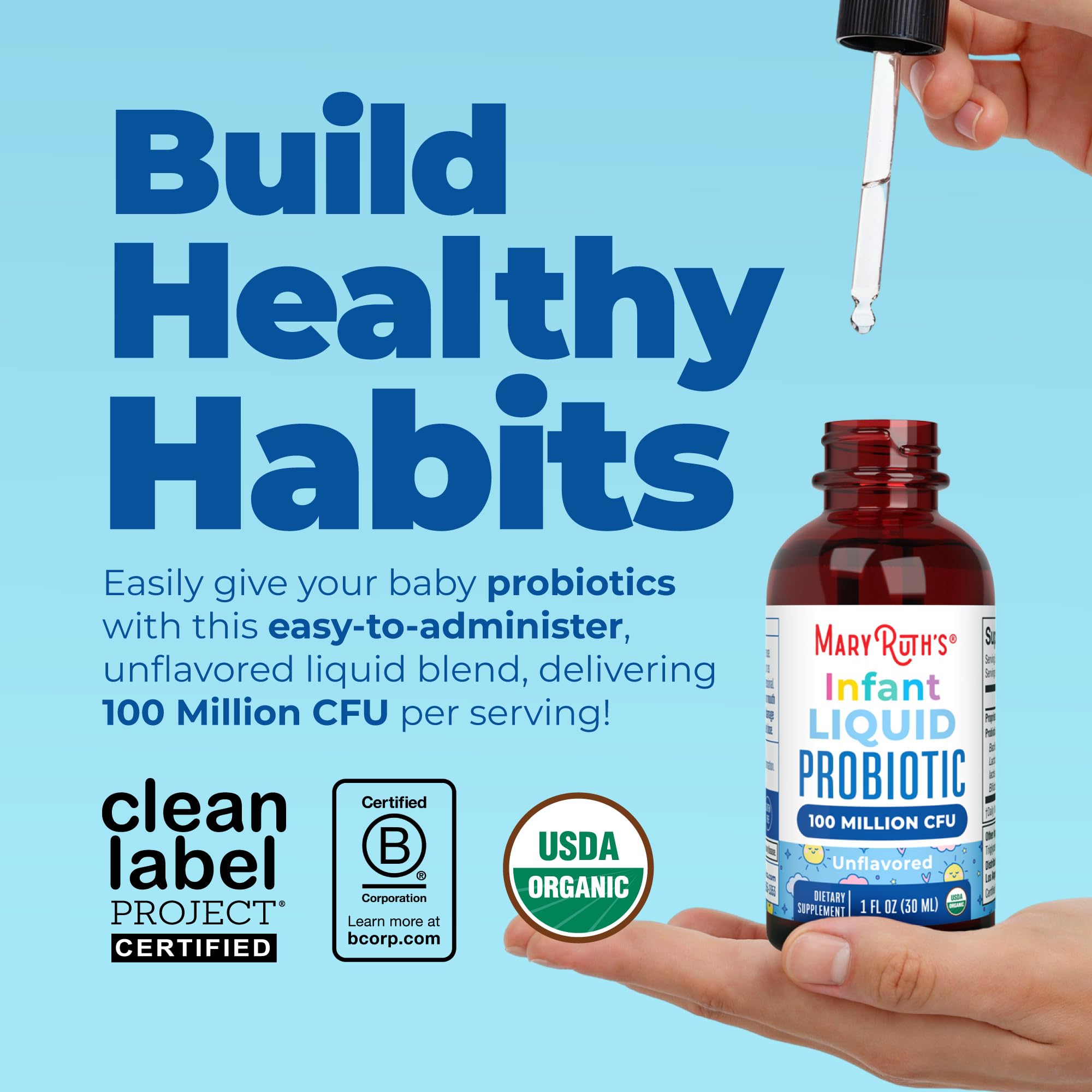 MARYRUTH'S Organic Infant Liquid Probiotic for Ages 6-12 Months, Vegan, 1oz