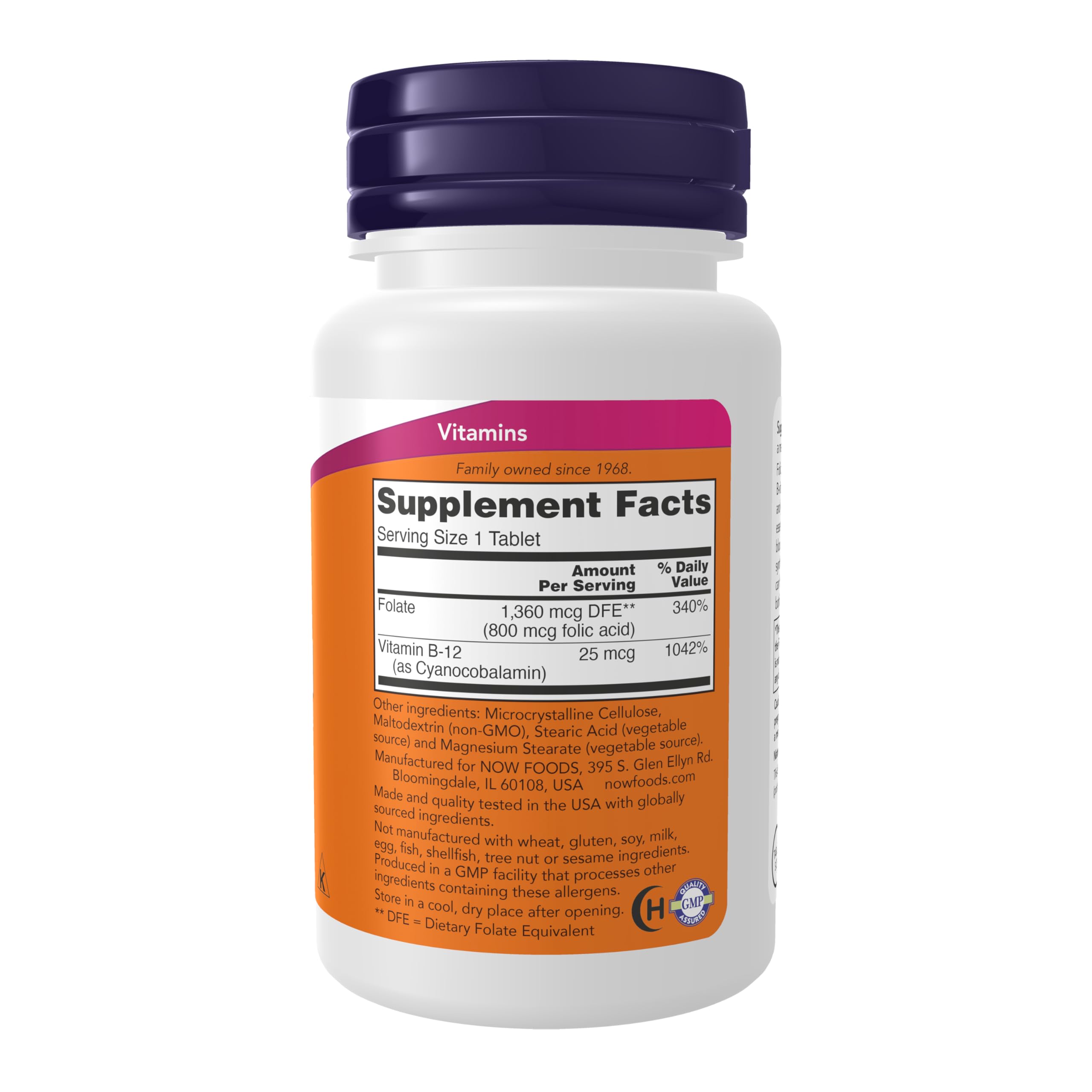 NOW Supplements, Folic Acid 800 mcg + B-12 (Cyanocobalamin) 25 mcg, B Complex Vitamin, 250 Tablets