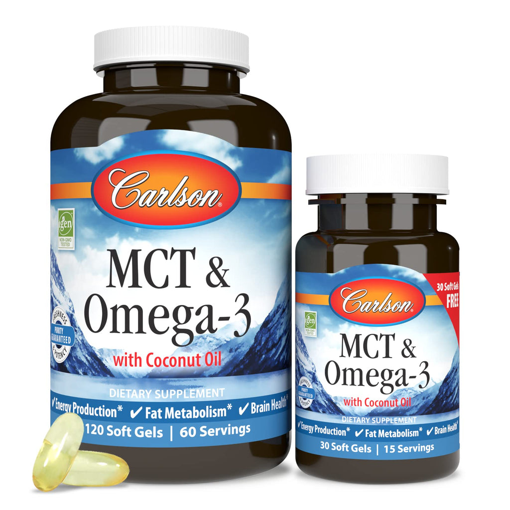 Carlson MCT & Omega-3, Keto-Friendly, Coconut Oil, 120 + 30 Softgels