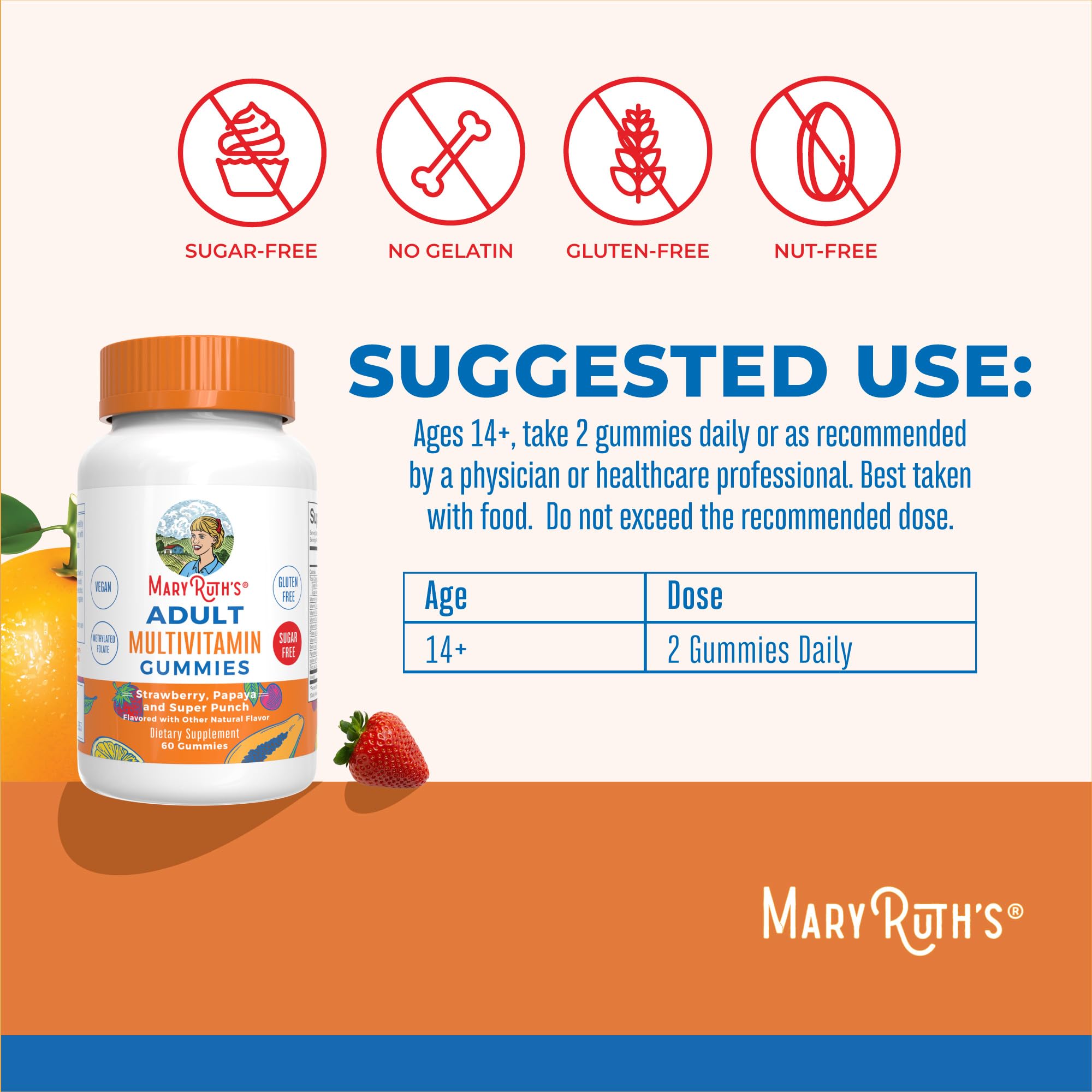MARYRUTH'S Adult Multivitamin for Women and Men, Sugar Free, 60 Count
