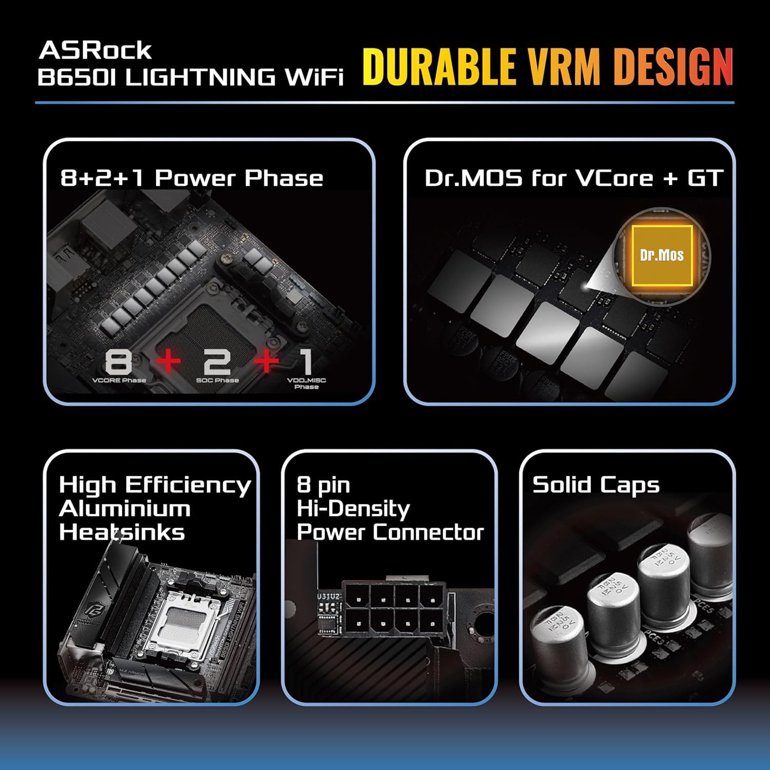 ASRock B650I Lightning WiFi AMD AM5 Mini-ITX Motherboard, Supports AMD Ryzen 9000/8000/7000 Series Processors, DDR5 7200+ (OC), PCIe 5.0 M.2, 2.5G LAN, WiFi 6E, 8+2+1 Power Phase