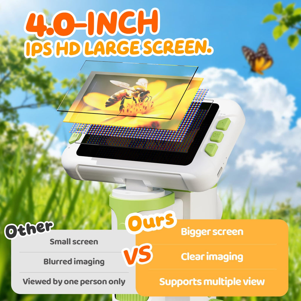 HEWEIMEI 1600X Microscope for Kids, 1080P 4.0" Digital Screen Kids Microscopes with Slides Kit, Educational Science Toys for Christmas Birthday Gifts for 3-14 Year Old Children Students