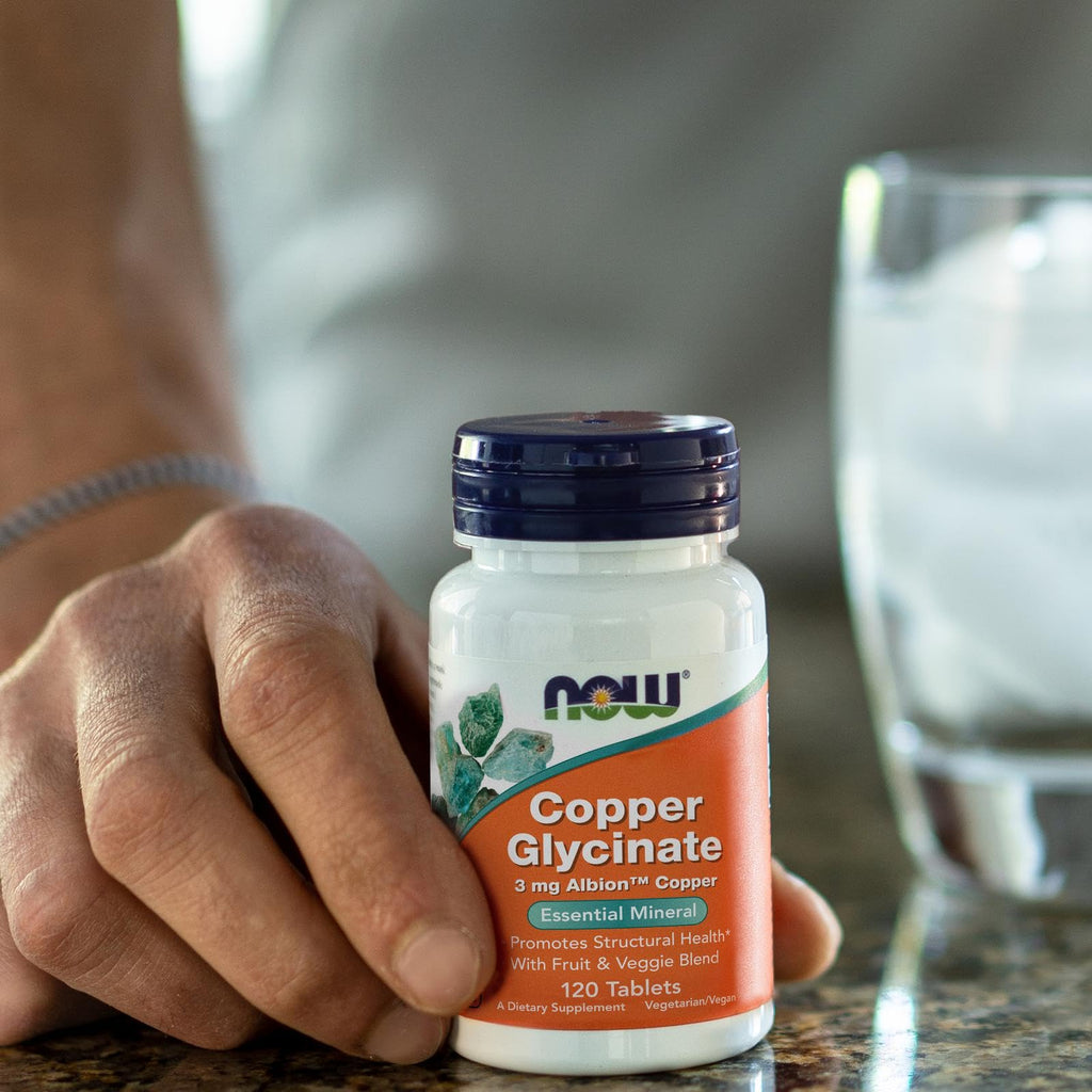 Now Foods Supplements, Copper Glycinate with 3mg Albion Copper, Promotes Structural Health*, 120 Tablets, Light Gray, Tan