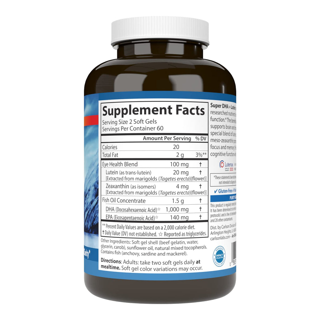 Carlson Super DHA Plus Lutein, 1000 mg, DHA, 20 mg Lutein, 120 Softgels