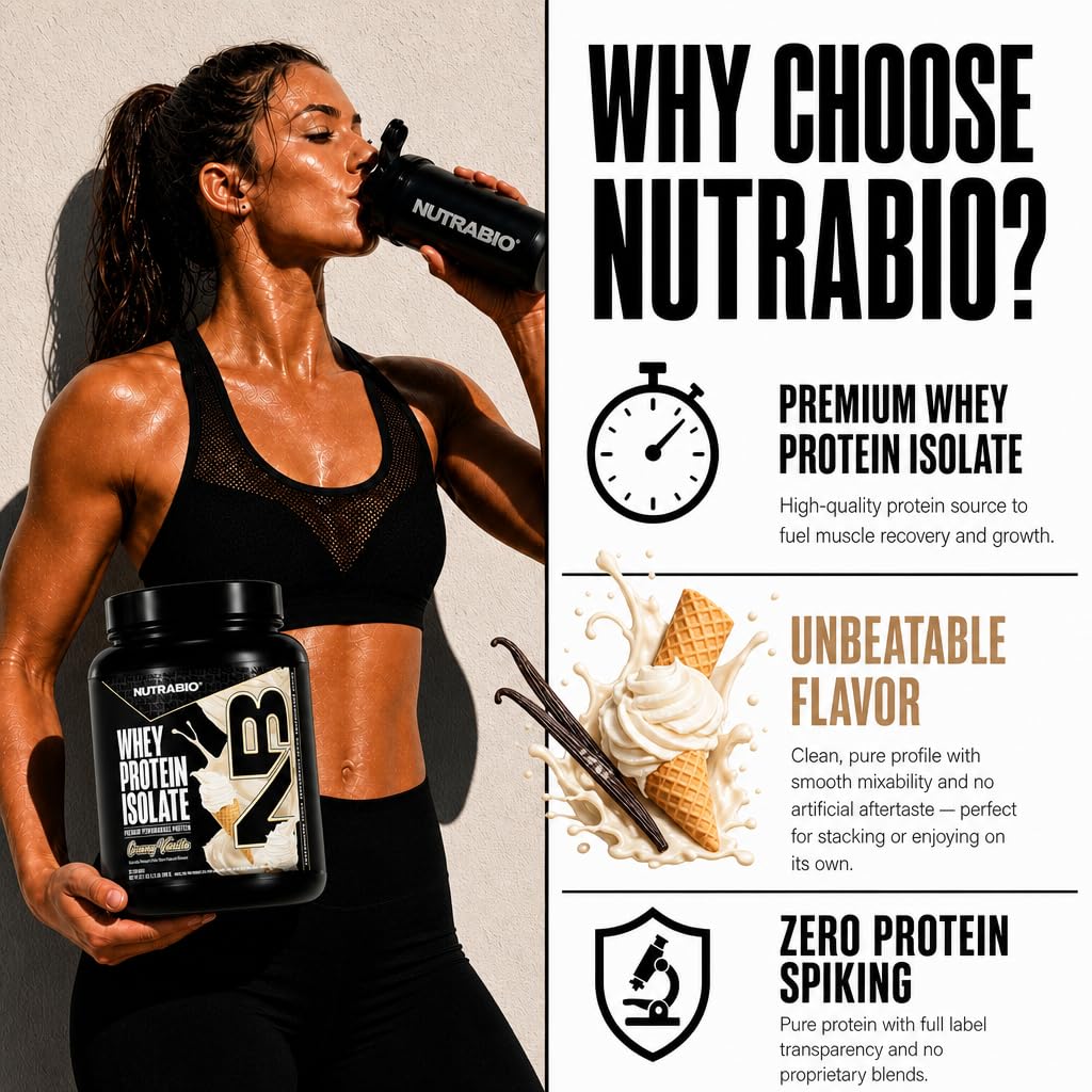 NutraBio 100% Whey Protein Isolate Protein Powder, 25g Protein with Complete Amino Acid Profile, Non-GMO, Soy & Gluten Free, Low Carb, Low Calorie Whey Protein Powder, Creamy Vanilla, 20 Servings