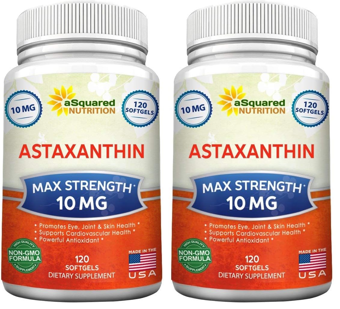 aSquared Nutrition Astaxanthin Supplement - Natural Astaxanthin Pills from Haematococcus Pluvialis Extract for Pure Energy - Max Strength 10mg - 120 Softgels (Pack of 2)