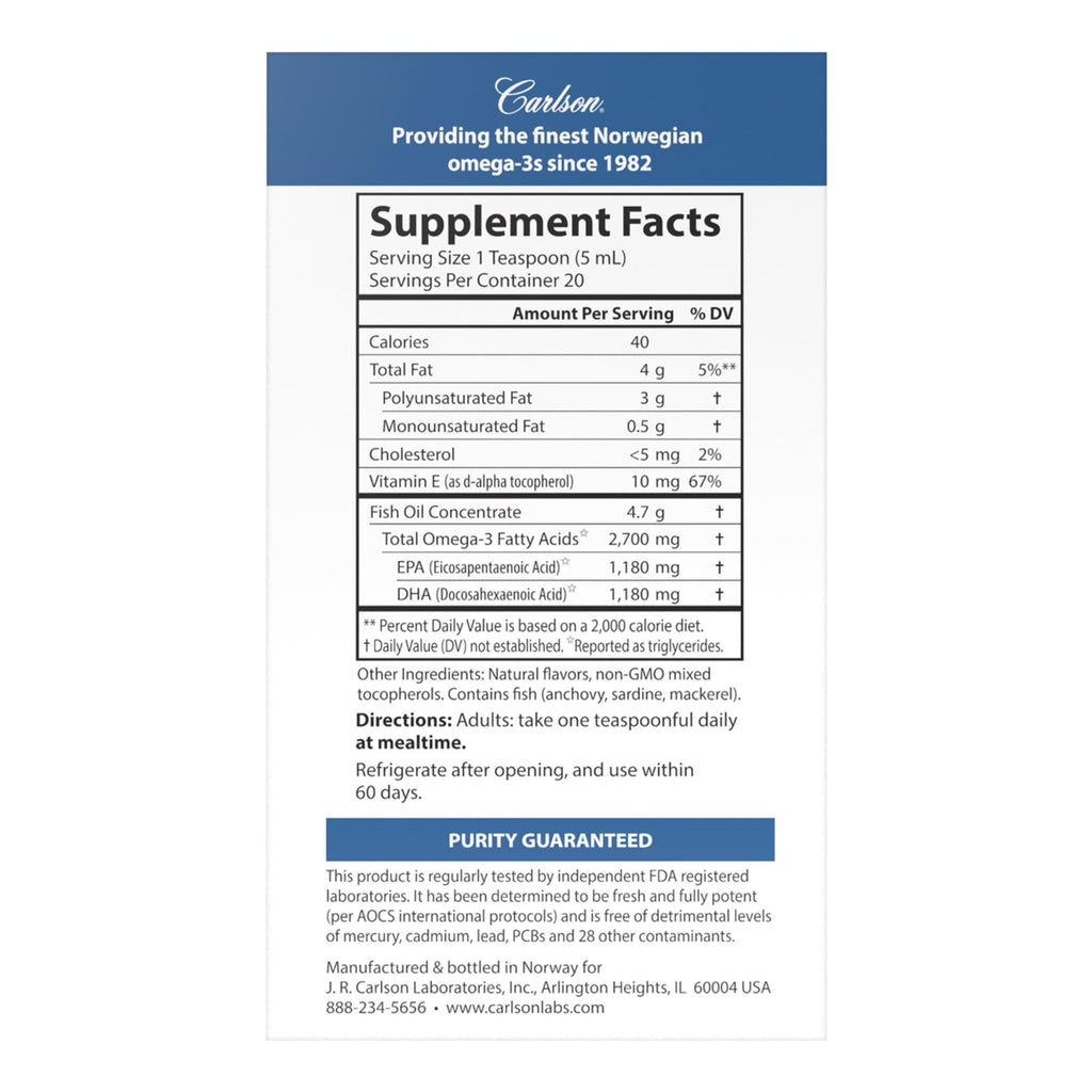 Carlson Med Omega, 2700 mg, Omega-3s, Wild Caught, 100 mL (3.3 Fl Oz)