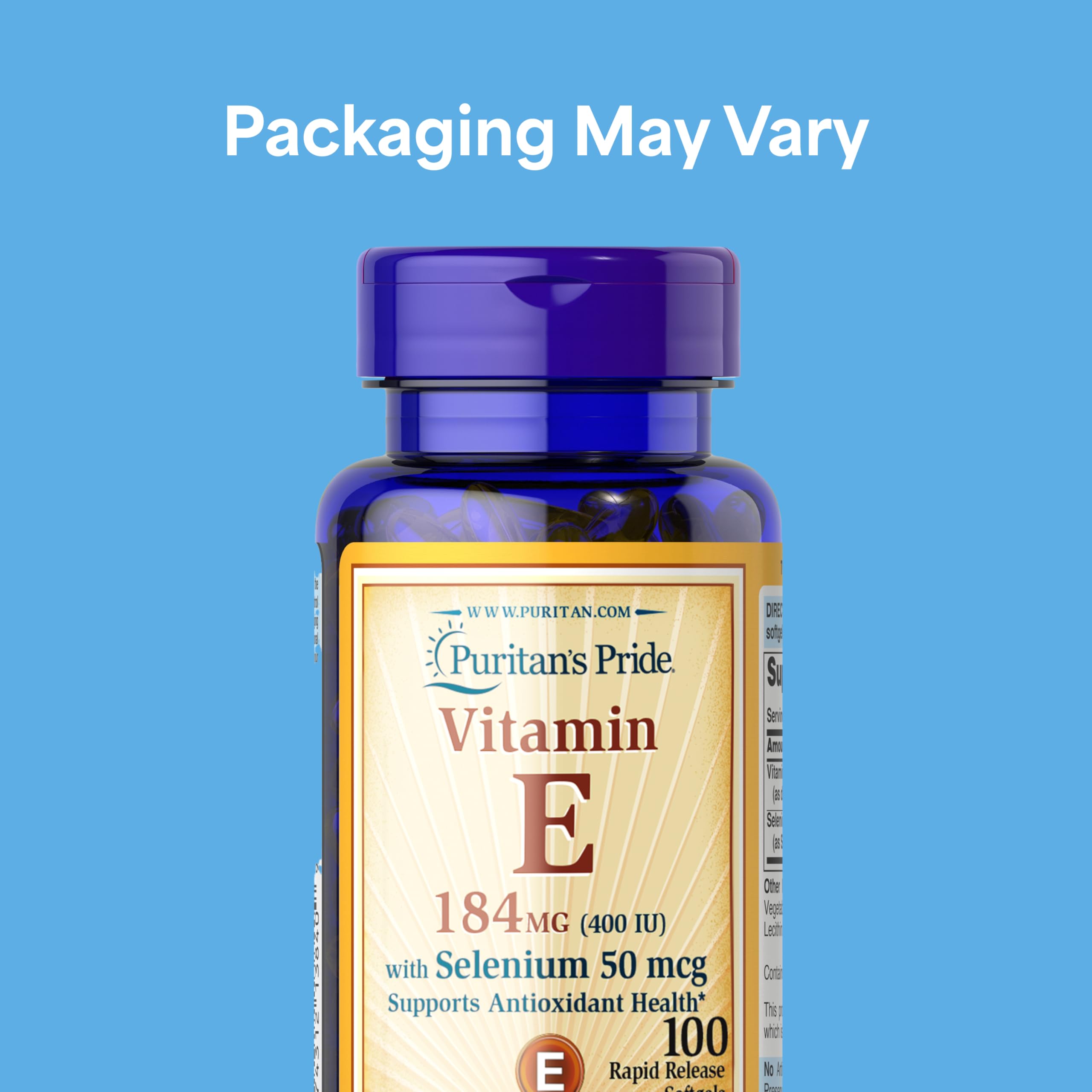 Puritan's Pride Vitamin E 184mg (400 IU) with Selenium 50mcg, Vitamin Supplement For Immune System and Antioxidant Health Support, 3 Month Supply, 100 Rapid Release Softgels