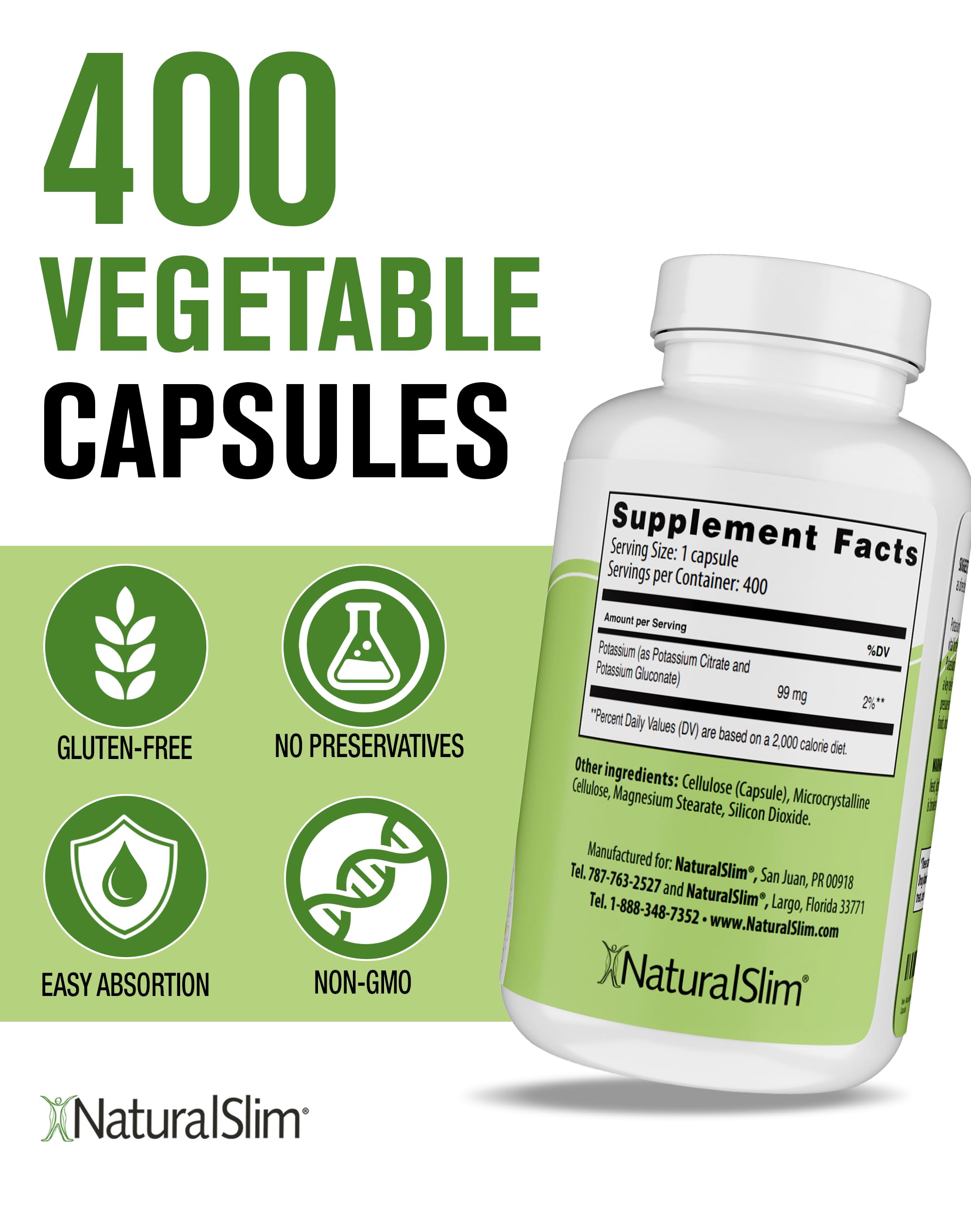 NaturalSlim Natural Potassium Citrate Gluconate 99 mg - Kadsorb Supports Electrolyte Balance & Normal pH - Absorbable Potassium Supplements with Essential Minerals - Non GMO 400 Capsules 1 Pack