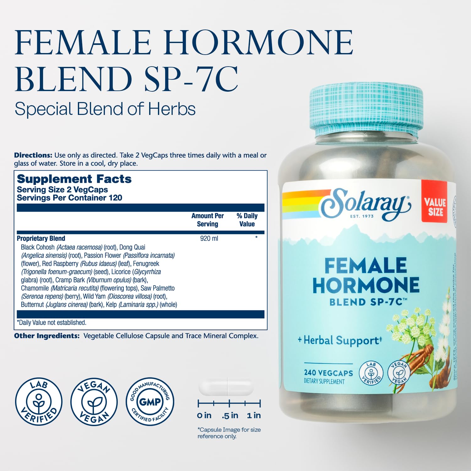 SOLARAY Female Hormone Blend SP-7C, Herbal Support Hormonal Balance for Women with Black Cohosh, Dong Quai, Wild Yam, and More, Vegan, Lab Verified, 60-Day Guarantee, 120 Servings, 240 VegCaps