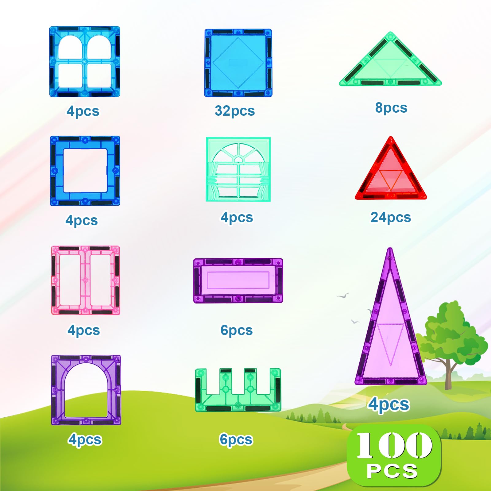 Mruikeny 100PCS Magnetic Tiles Kids Toys - Magnetic Building Blocks