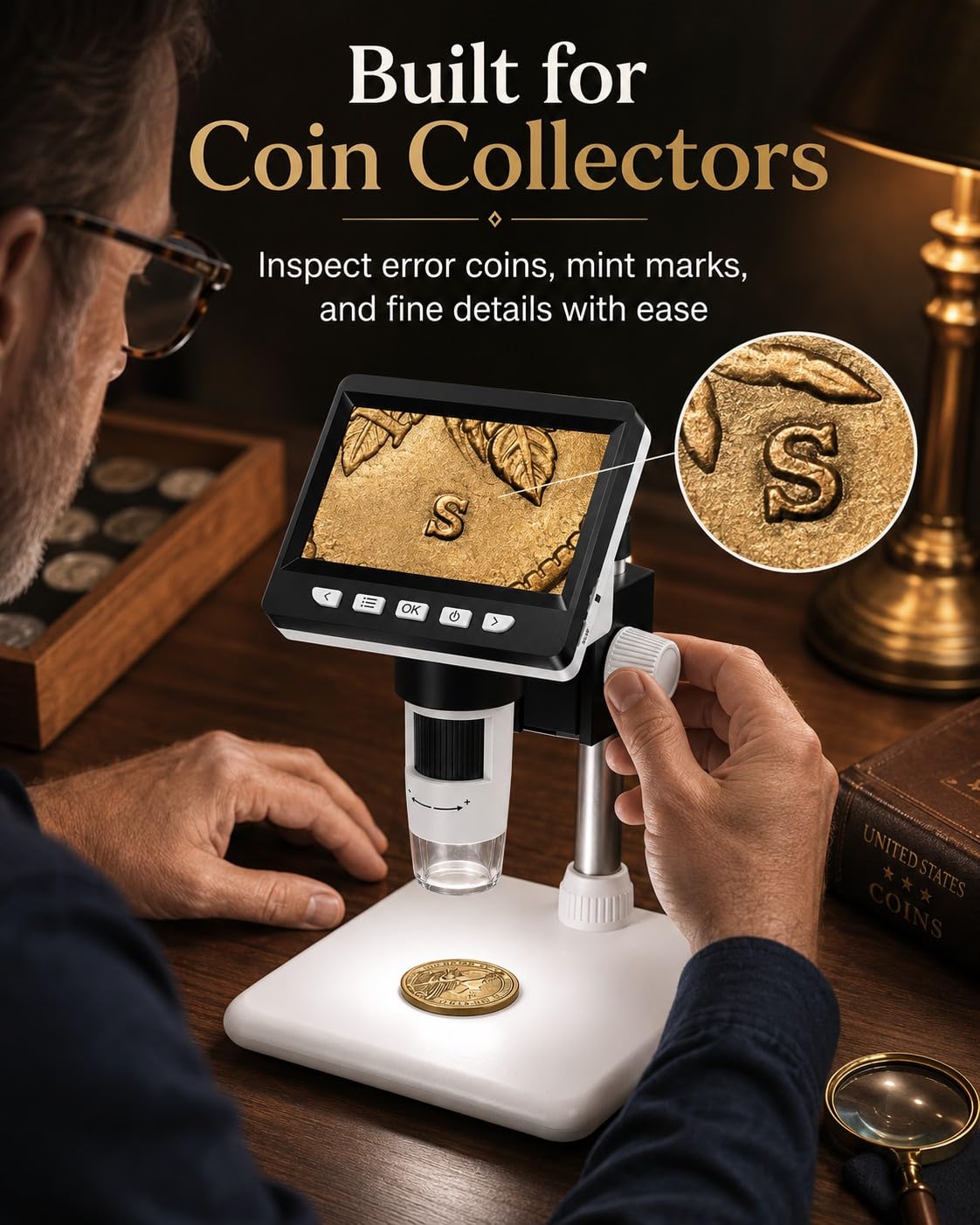Digital Coin Microscope 1000X, 4.3" LCD Coin Magnifier with Screen for Error Coins, 1080P USB Microscope with 8 Adjustable LED Lights, Photo & Video, Built-in Storage, Compatible with Windows/MacOS