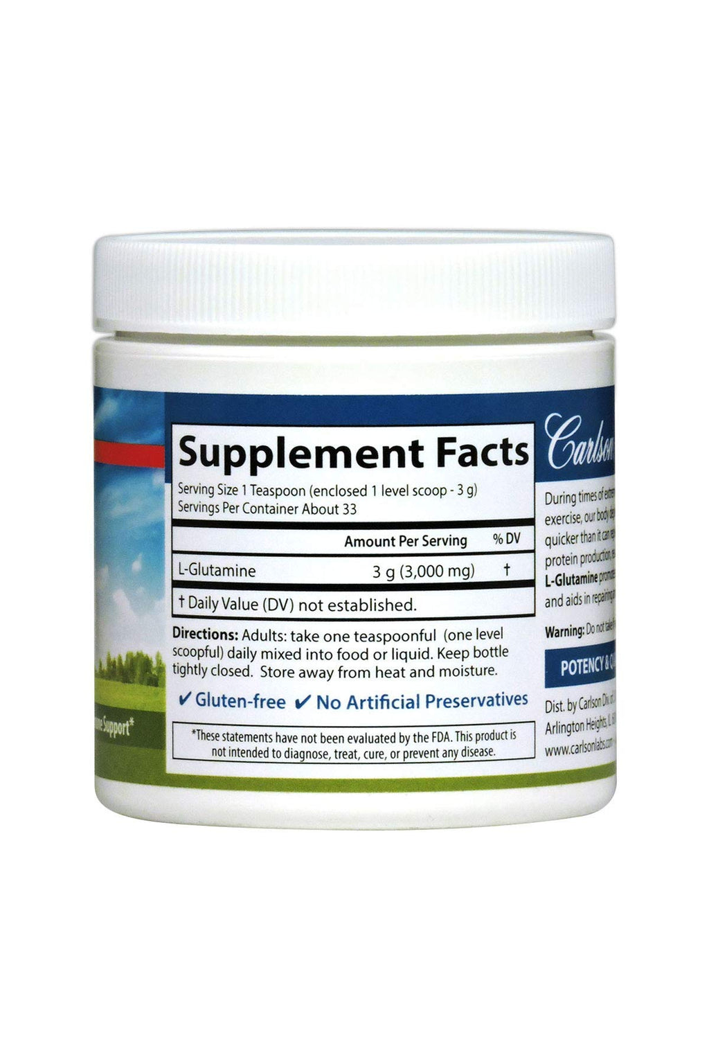 Carlson L-Glutamine Powder, 3 g (3000 mg), 3.53 oz (100 g)
