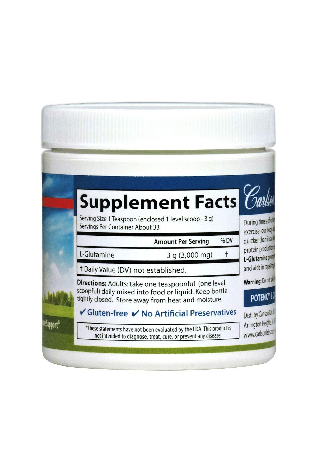 Carlson L-Glutamine Powder, 3 g (3000 mg), 3.53 oz (100 g)
