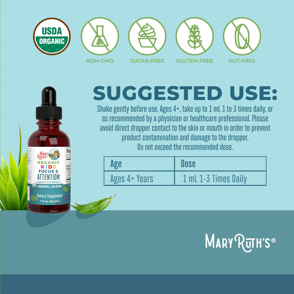 MARYRUTH'S Kids Focus & Attention Drops, USDA Organic Drops, 30 Servings