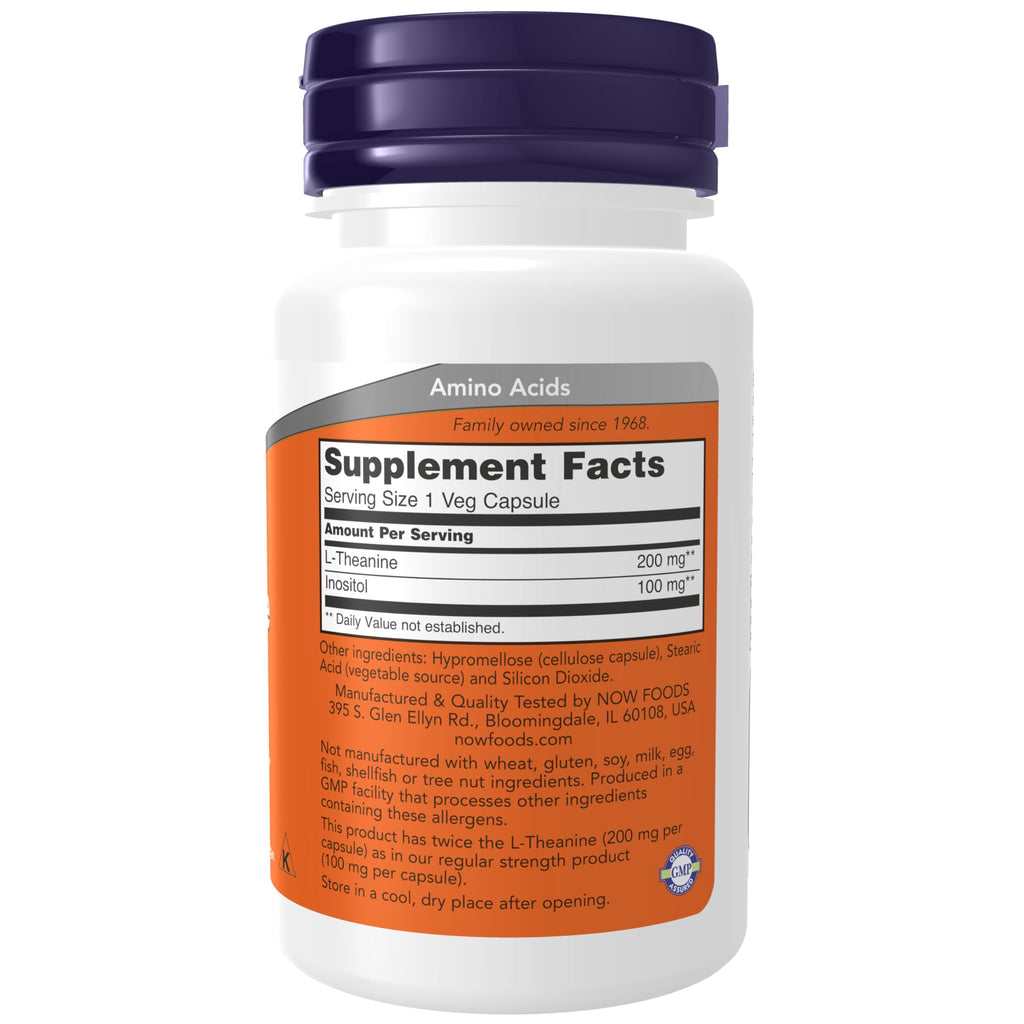 NOW Supplements, L-Theanine 200 mg with Inositol, 60 Veg Caps