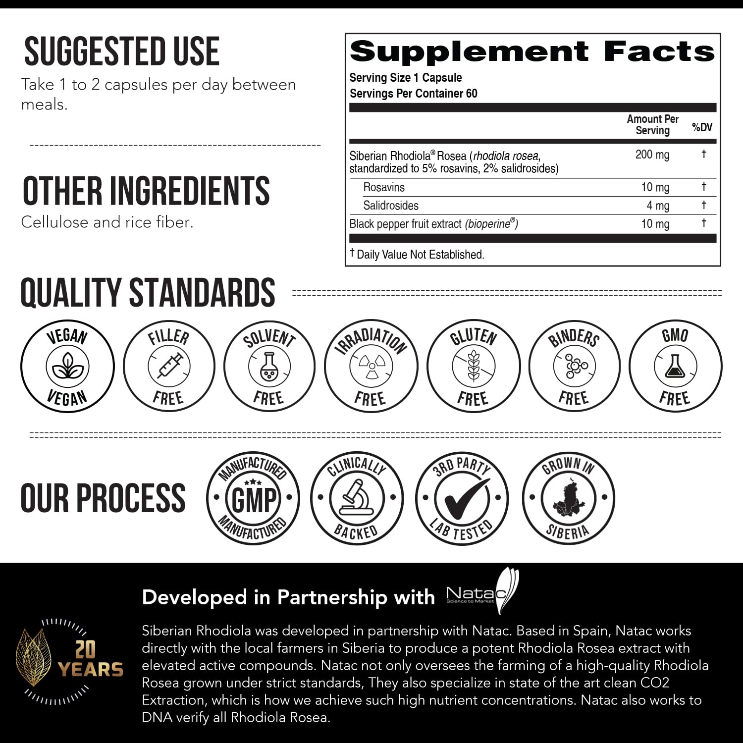 Max Strength Siberian Rhodiola®: Rhodiola Rosea 5% Rosavins, 2% Salidroside & BioPerine® for Enhanced Absorption – Helps Support Stress, Energy & Focus* – Grown in Siberia, DNA Verified (60 Capsules)