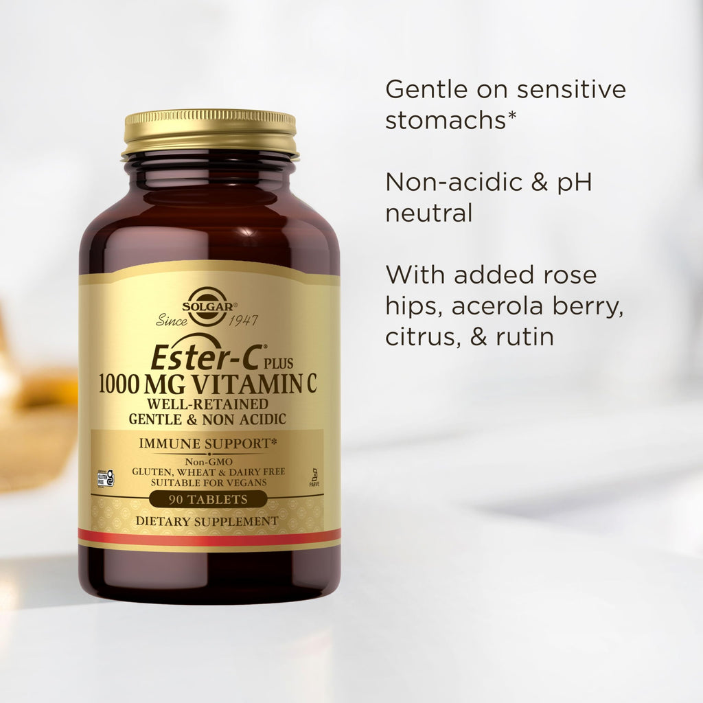 Solgar Ester-C Plus 1000 mg Vitamin C, 90 Tablets - Gentle On The Stomach & Non Acidic - Antioxidant & Immune System Support - Non GMO, Vegan, Gluten-Free, Kosher - 90 Servings