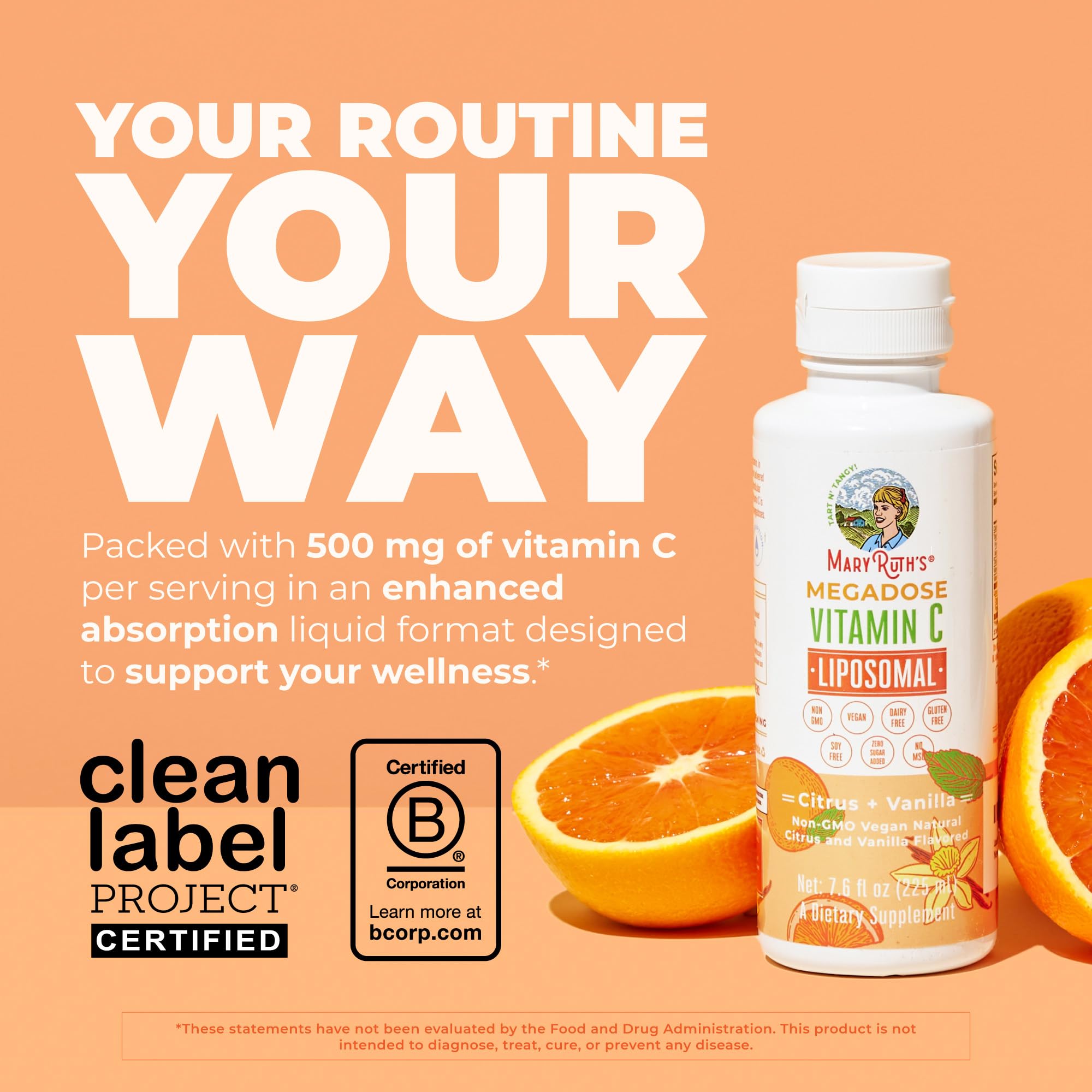 MaryRuth's Megadose Liquid Vitamin C 500mg Liposomal, Vegan, 30 Servings