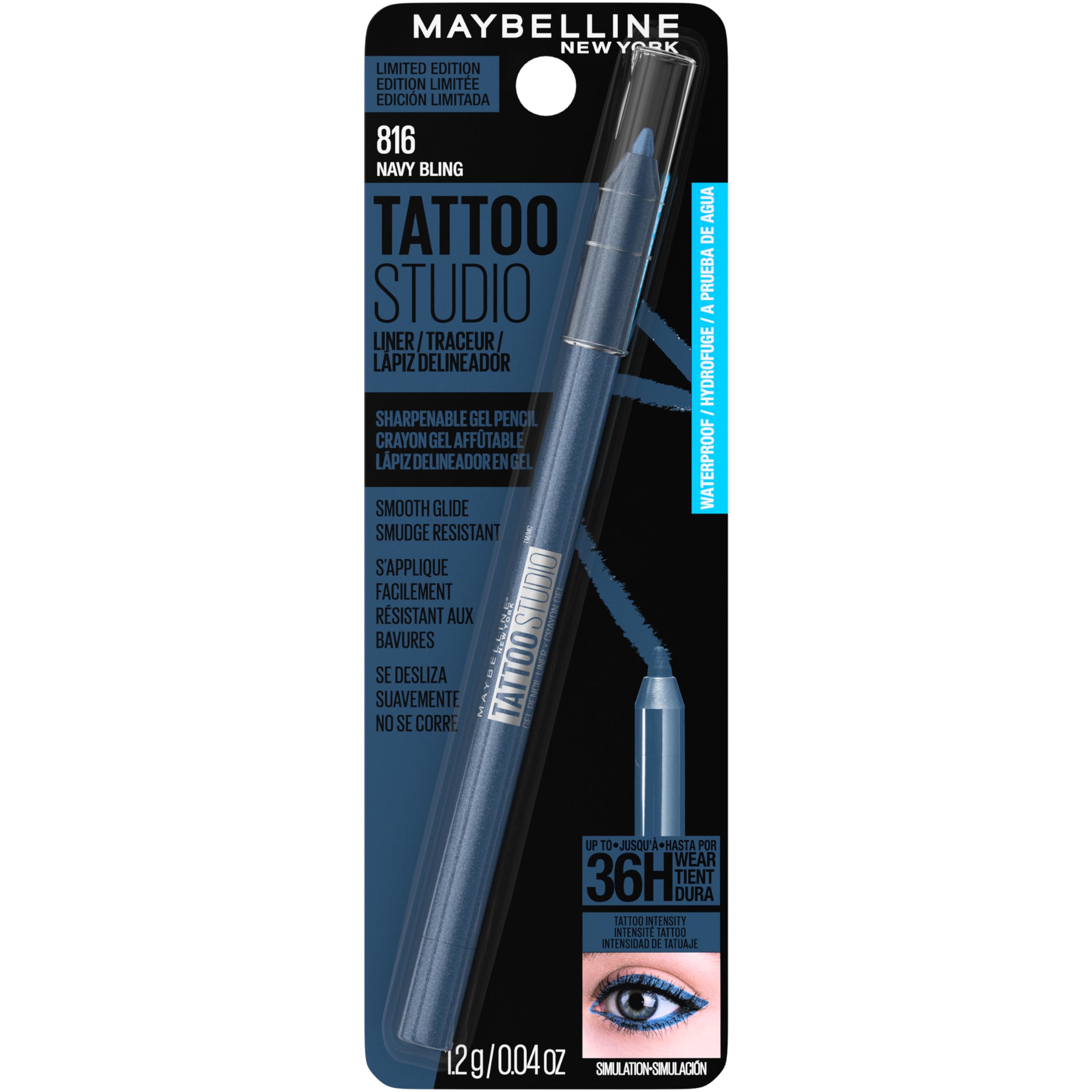 MAYBELLINE Tattoo Studio Sharpenable Eyeliner Pencil, 36 Hour Wear, Waterproof, Navy Bling, 1 Count