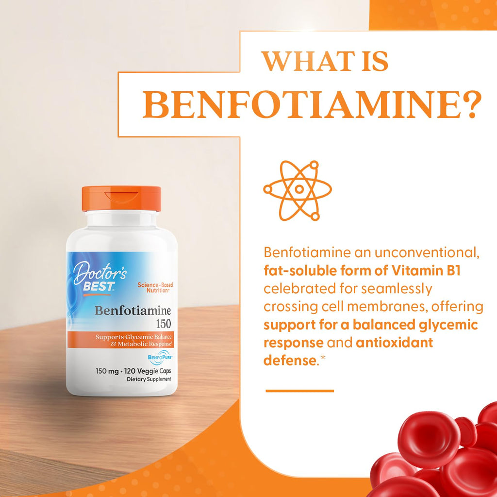 Doctor's Best Benfotiamine 150mg Supplement - Bioavailable Vitamin B1 for Men & Women, Benfotiamine B1 Capsules, Supports Nerve & Metabolic Health, Antioxidant Support, Non GMO, Vegan -120 Veggie Caps