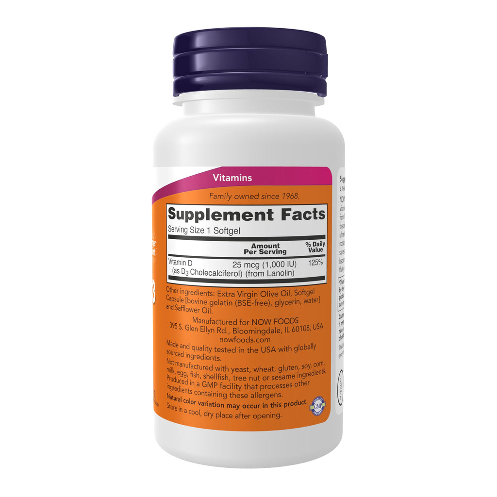 NOW Foods Supplements, Vitamin D-3 1,000 IU, High Potency, 360 Softgels