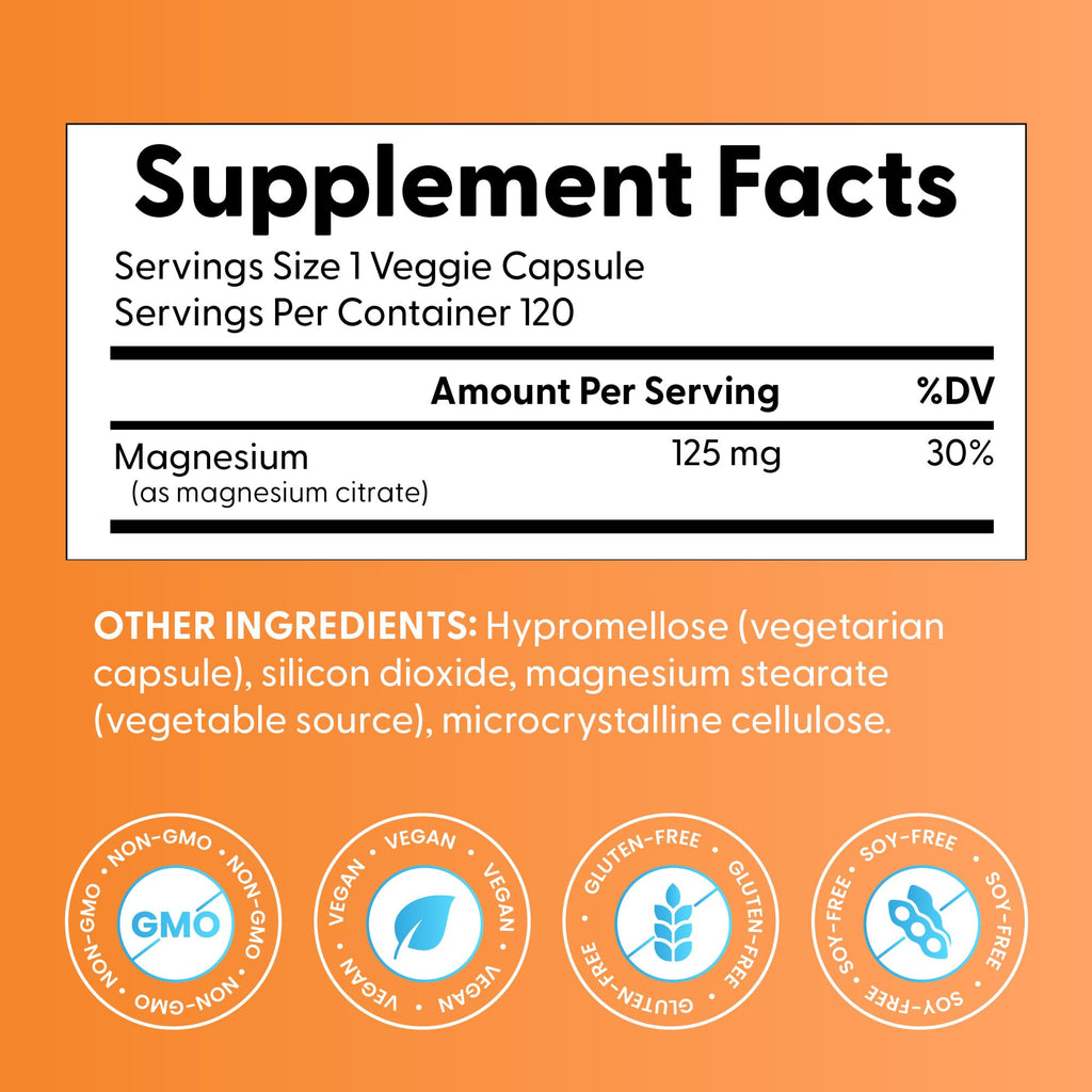 Doctor's Best Magnesium Citrate Supplement - Mag Citrate Caps 125 mg for Women & Men, Sleep & Calm Support for Adults, Occasional Constipation Relief, Non-GMO, Vegan, Gluten Free - 120 Veg Capsules