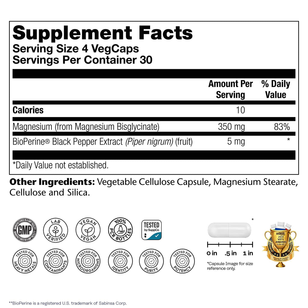 SOLARAY Magnesium Glycinate Capsules, Chelated Magnesium Bisglycinate w/BioPerine, Higher Absorption Magnesium Supplement - Bones, Muscles, Heart Support, Vegan (30 Servings, 120 VegCaps)