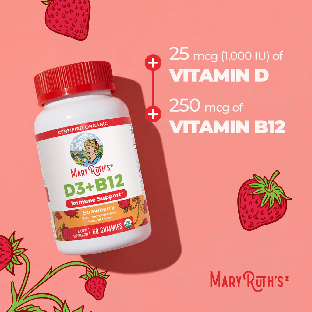 MARYRUTH'S Organic Vitamin D3 + B12 Gummies for Ages 4+, 60 Servings, Vegan