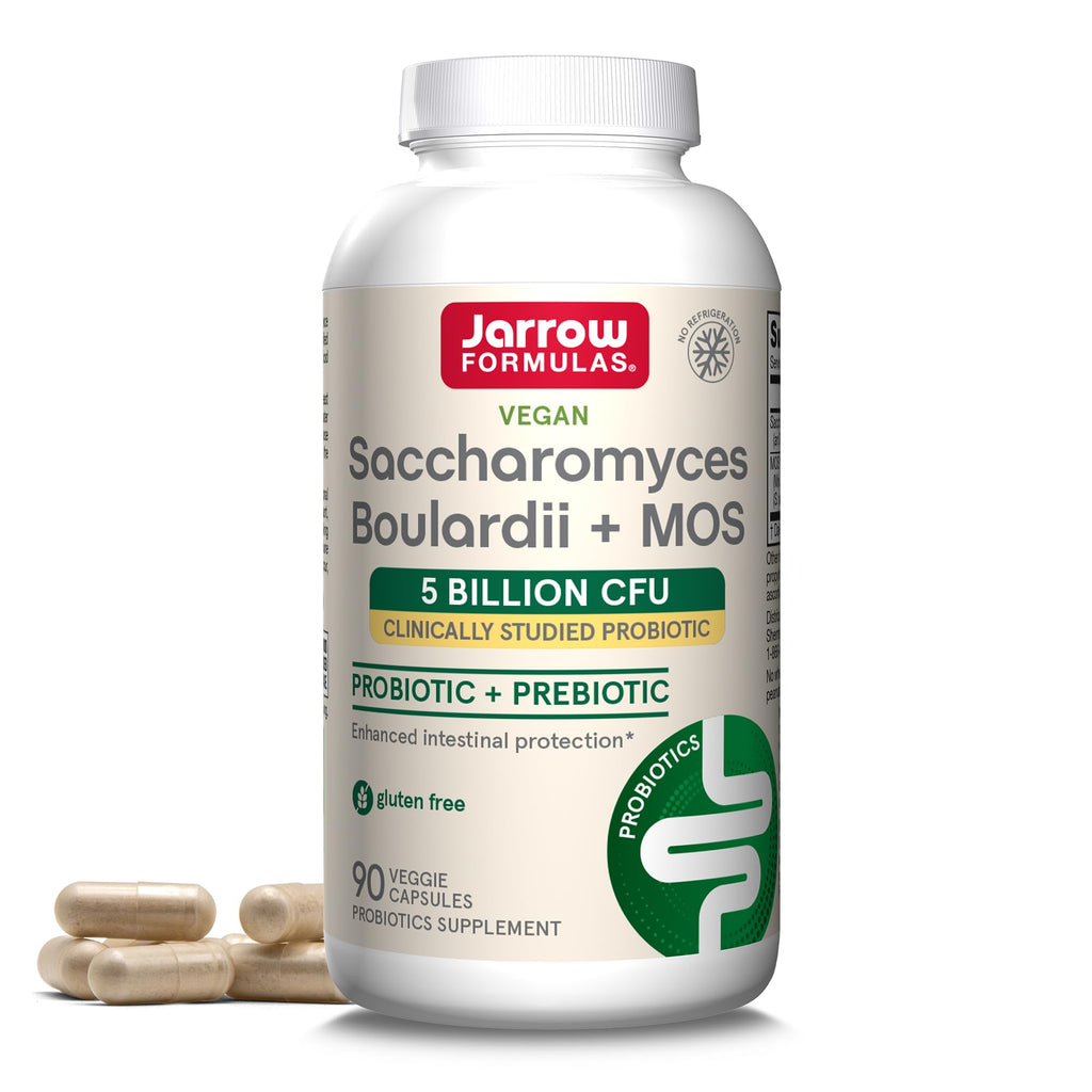 Jarrow Formulas Saccharomyces Boulardii Probiotics + MOS 5 Billion CFU Probiotic Yeast for Intestinal Health Support, Gut Health Supplements for Women and Men, 90 Veggie Caps, 90 Day Supply,Pack of 12