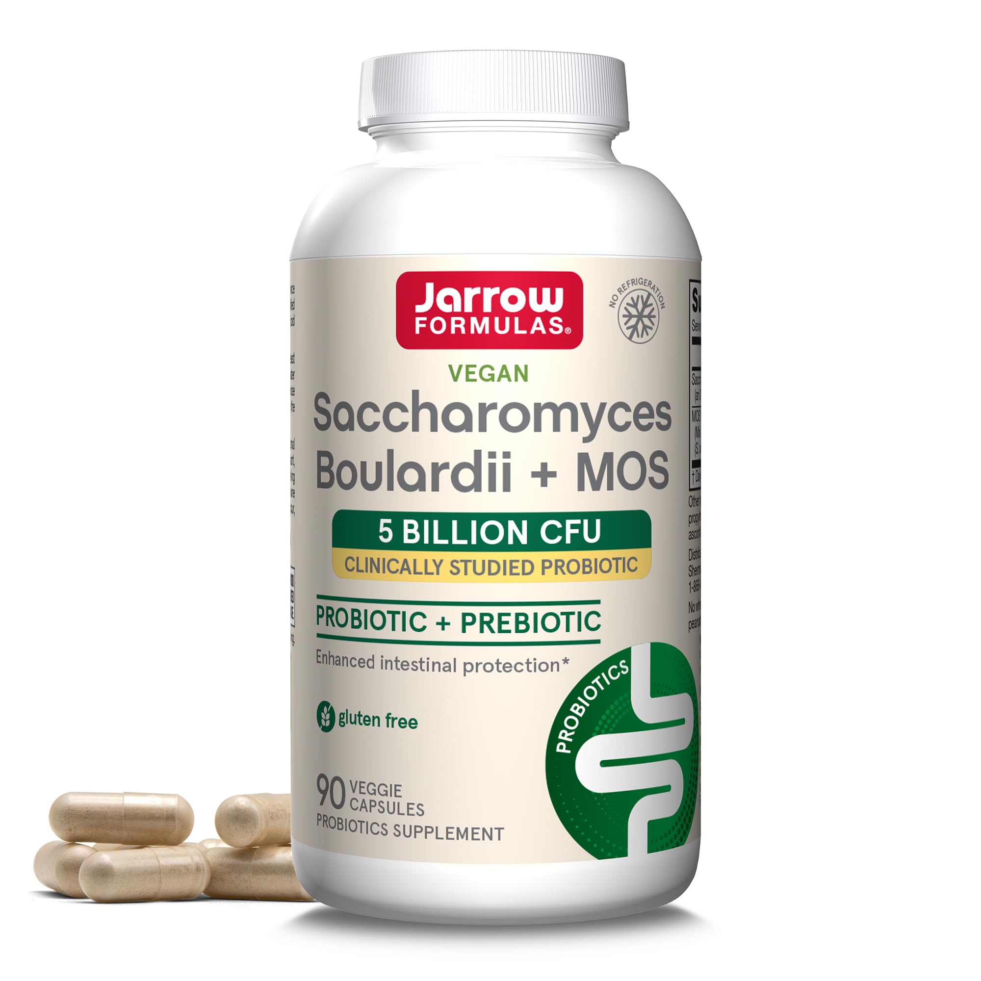 Jarrow Formulas Saccharomyces Boulardii Probiotics + MOS 5 Billion CFU Probiotic Yeast for Intestinal Health Support, Gut Health Supplements for Women and Men, 90 Veggie Caps, 90 Day Supply,Pack of 12