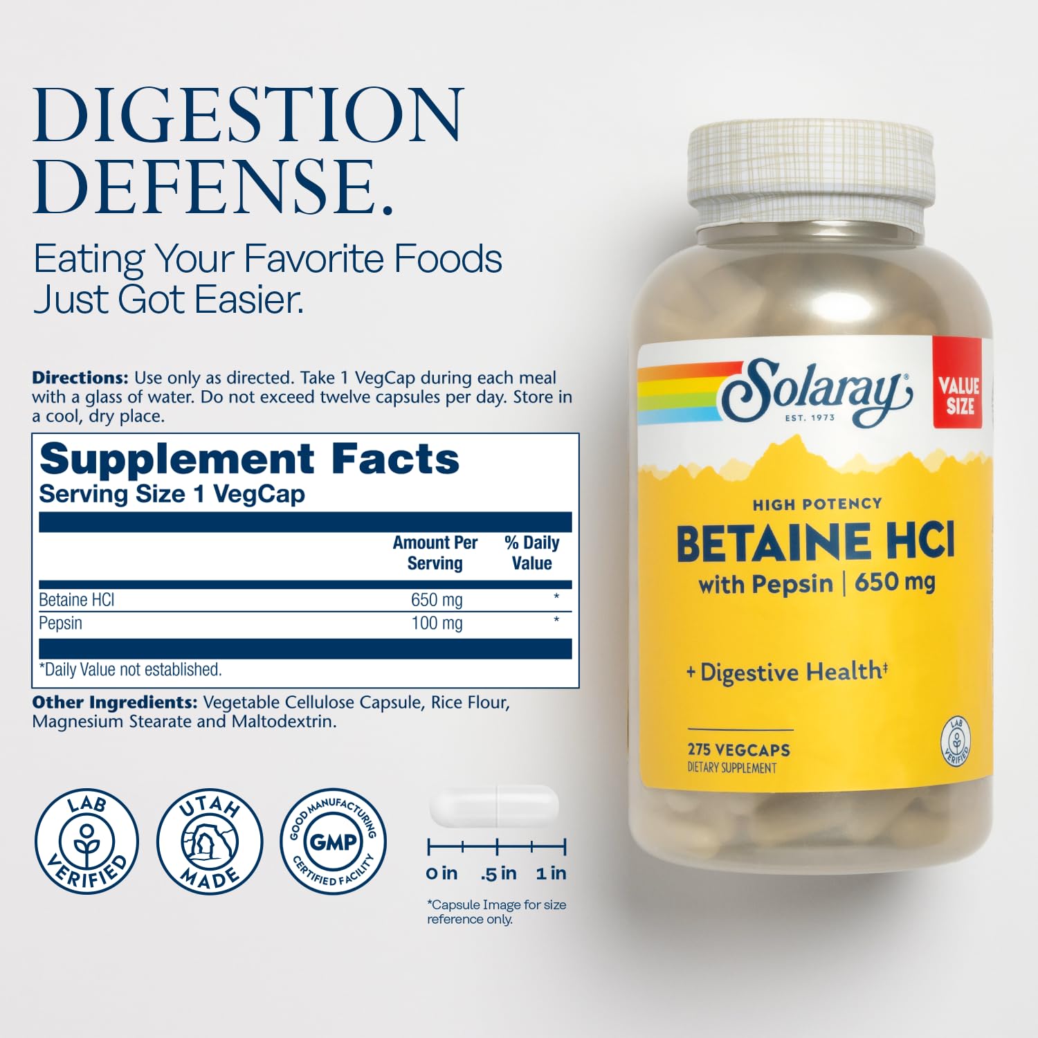 SOLARAY High Potency Betaine HCl with Pepsin, 275 VegCaps