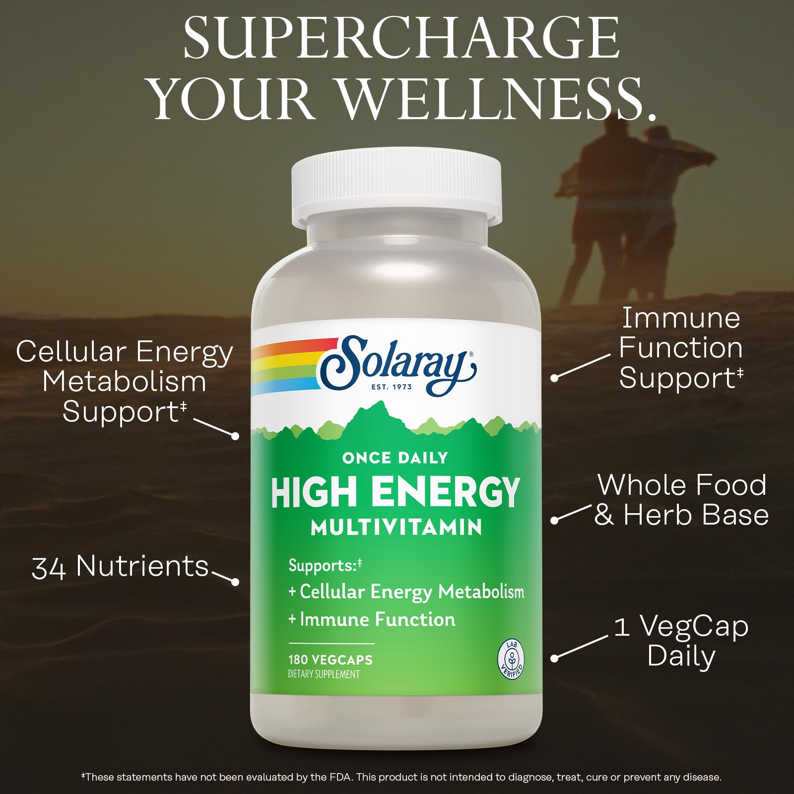 SOLARAY Once Daily High Energy Multivitamin for Women and Men – with Vitamin C, Vitamin D and Whole Food & Herb Base - Cellular Energy Metabolism & Immune Function Support – 180 Servings, 180 VegCap