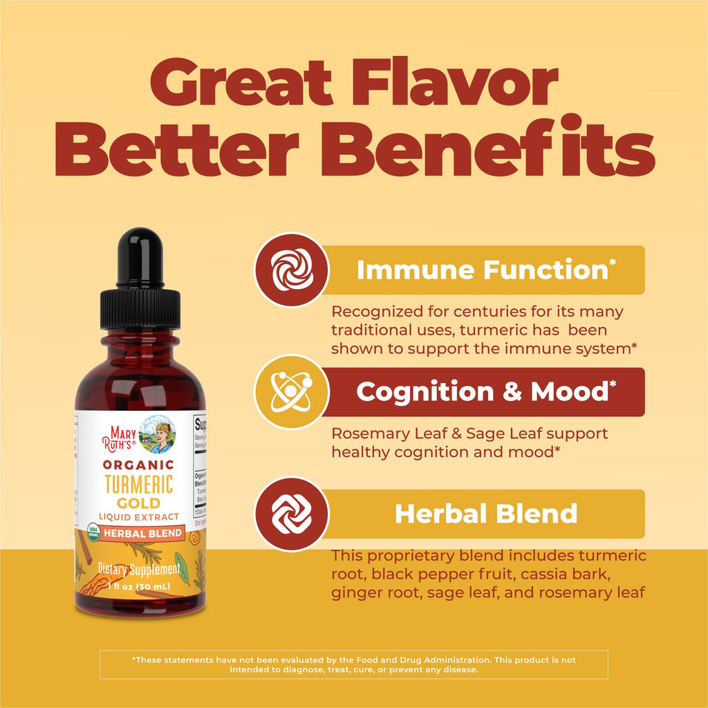 MARYRUTH'S USDA Organic Turmeric Gold Herbal Liquid Drops, Unflavored, 1 oz