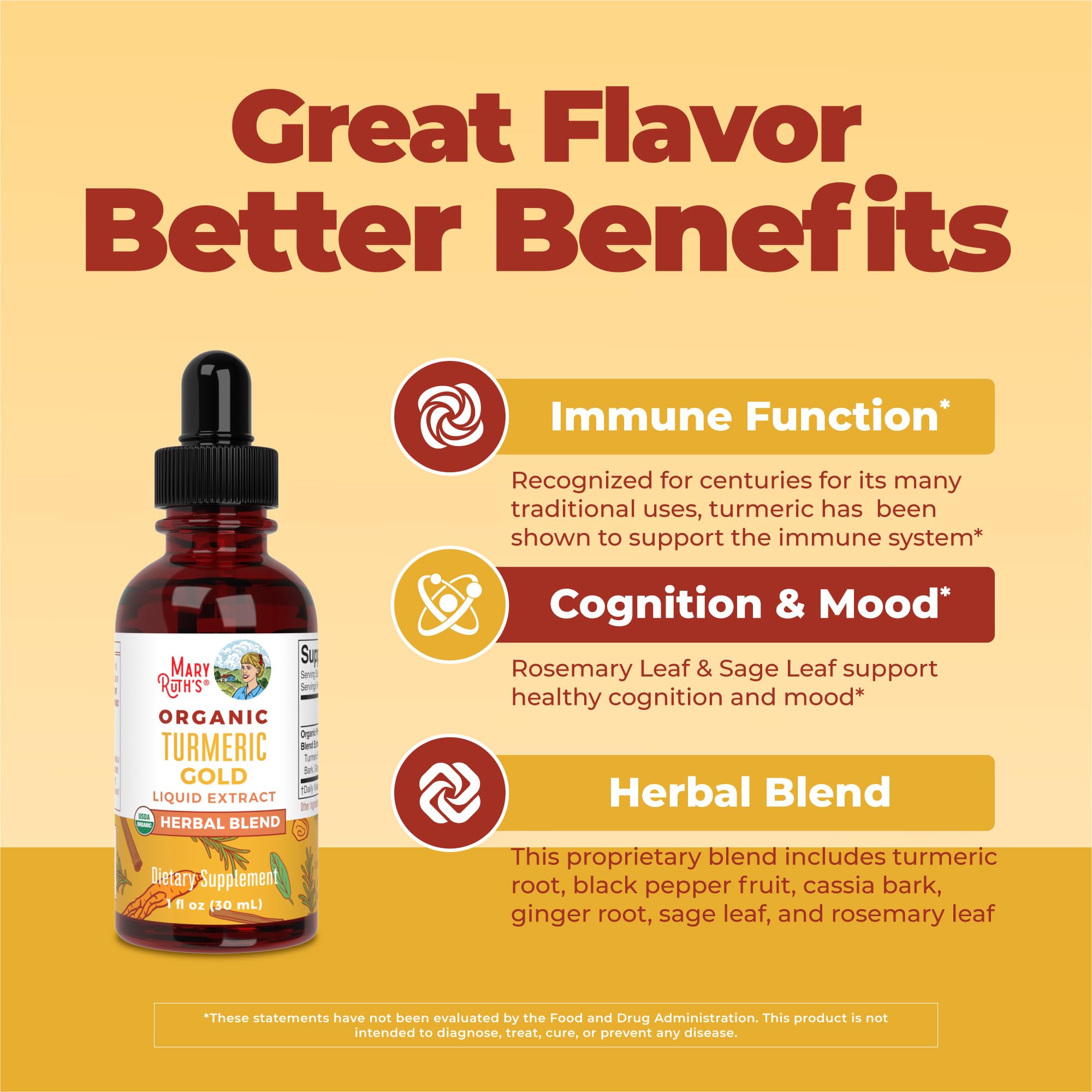 MARYRUTH'S USDA Organic Turmeric Gold Herbal Liquid Drops, Unflavored, 1 oz